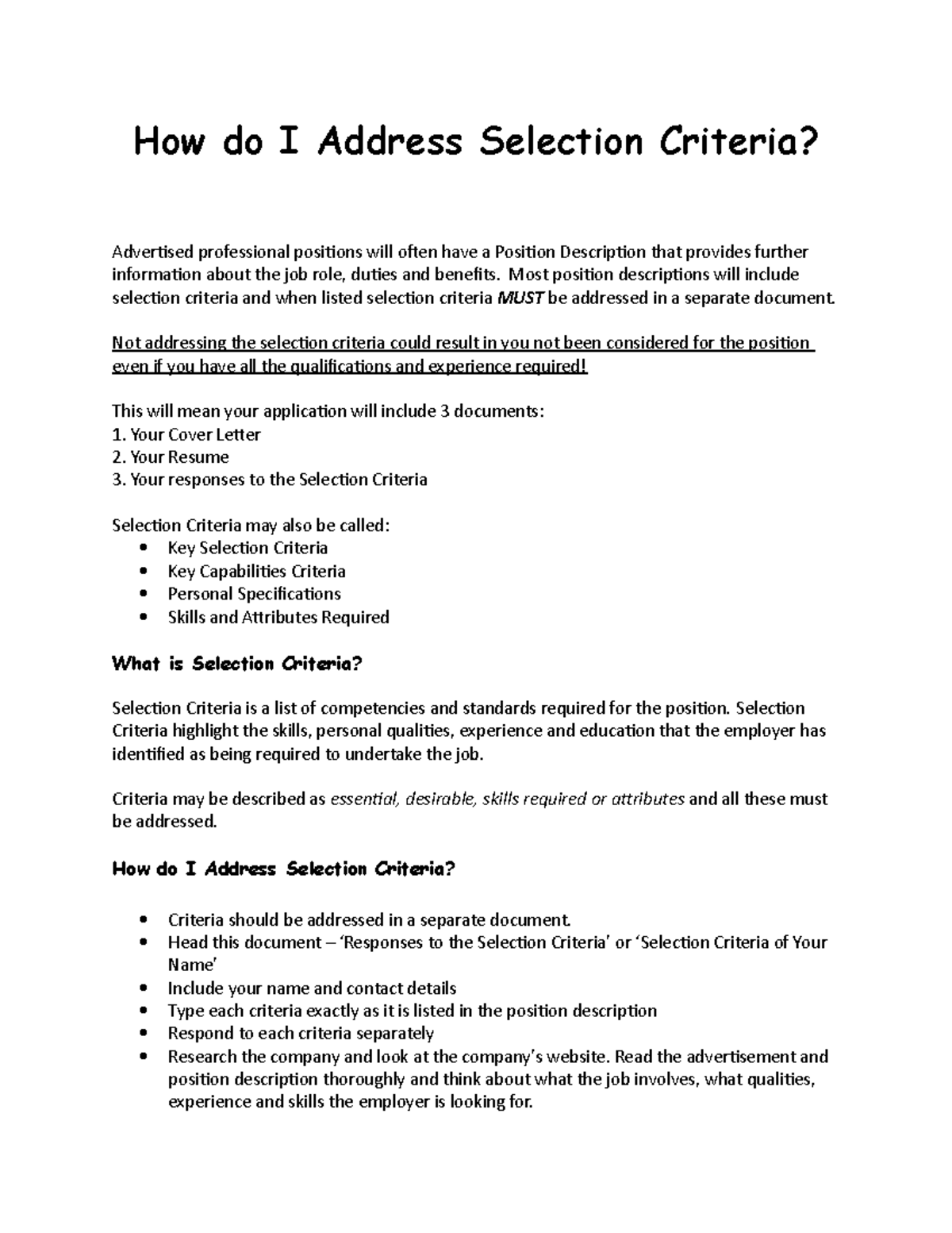 Addressing Selection Criteria Client Handout How Do I Address