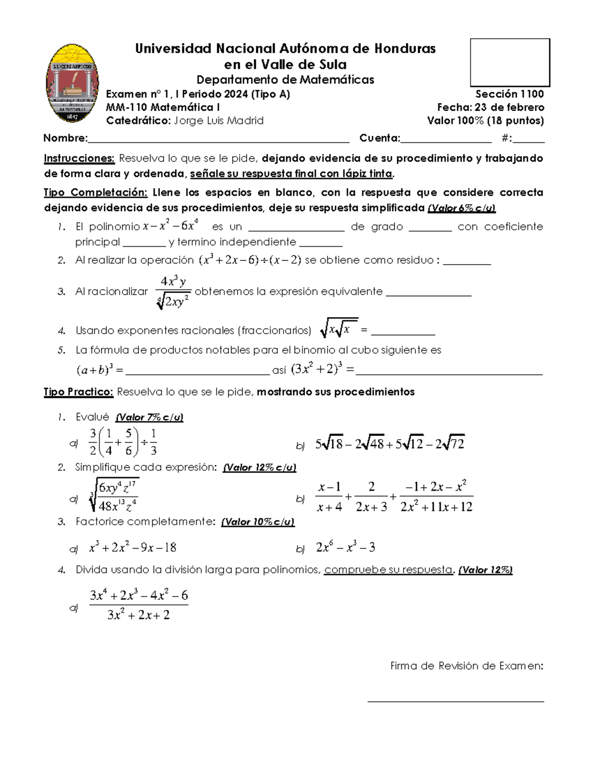 Examen 1 Mm 110 Tipo A Universidad Nacional Autónoma De Honduras En El Valle De Sula 2031