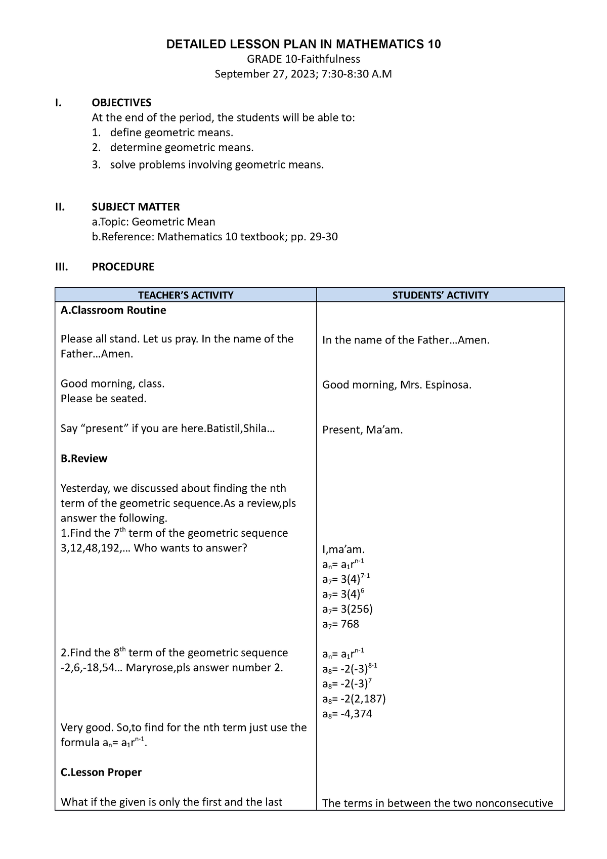 Lesson PLAN IN MATH 10-Q1 - DETAILED LESSON PLAN IN MATHEMATICS 10 ...