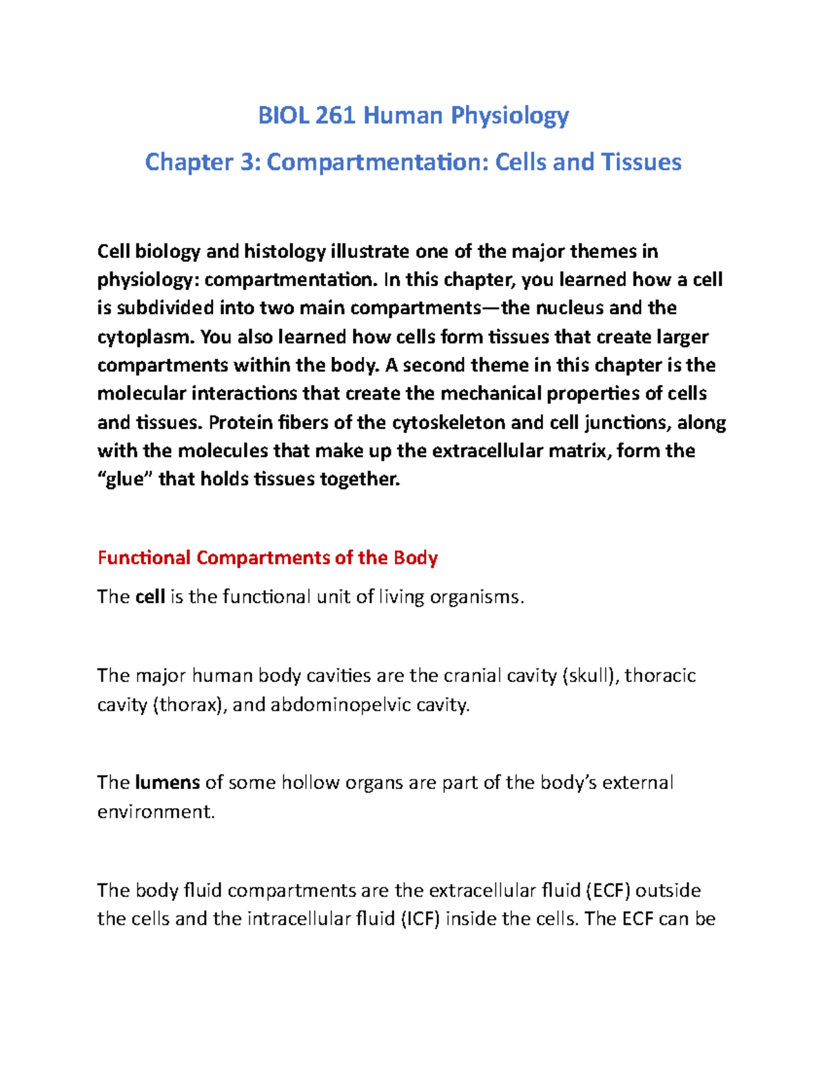 Human Physiology Ch 3 (Notes) - BIOL 261 Human Physiology Chapter 3 ...