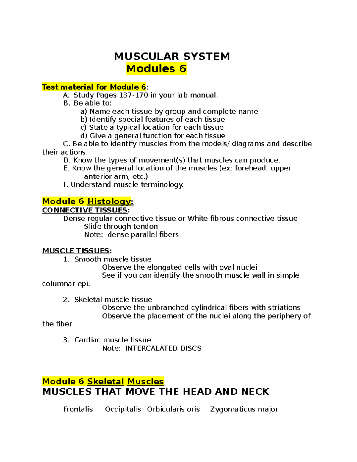 BSC2085L Module 6 Study Guide - MUSCULAR SYSTEM Modules 6 Test material ...