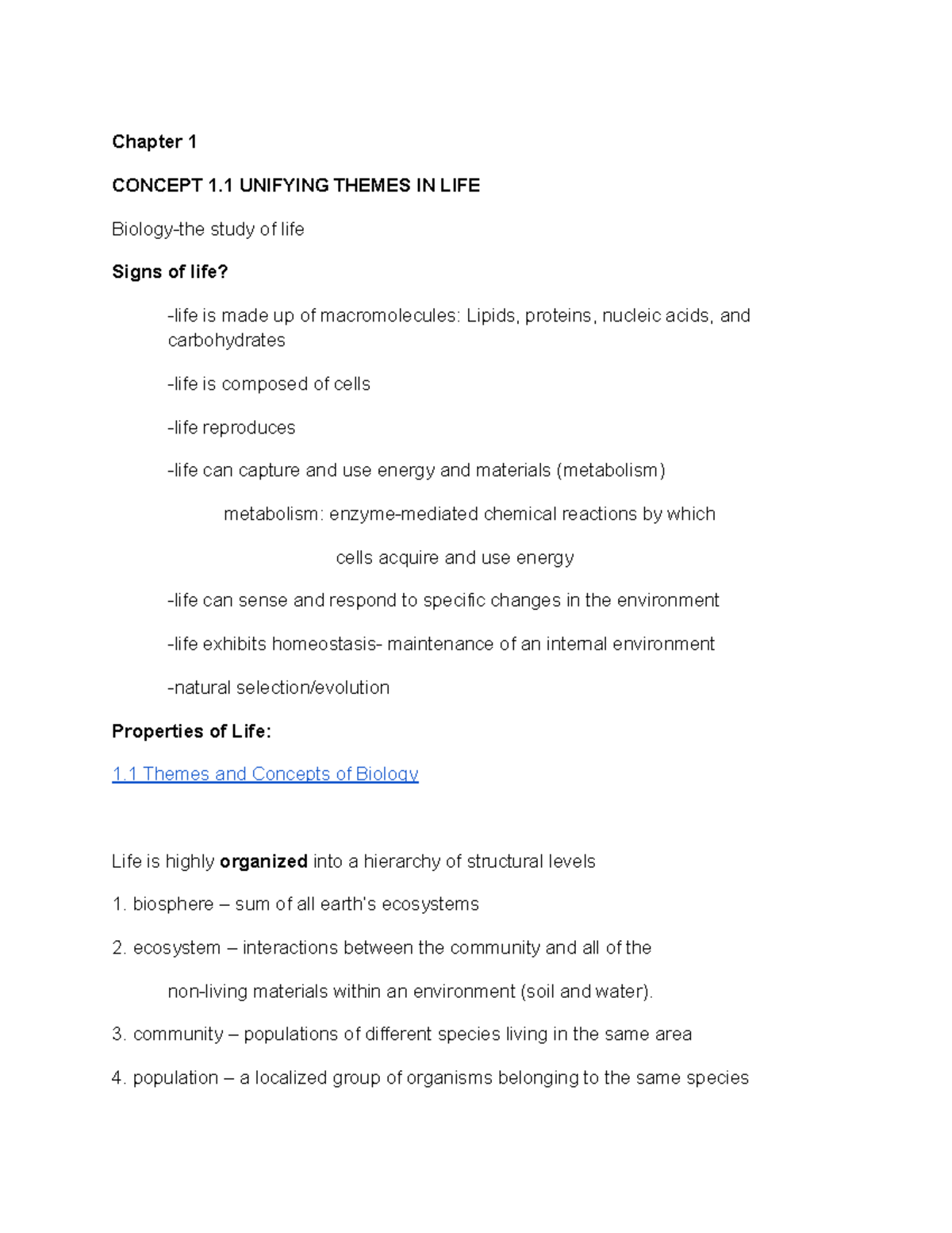Bio Chapter 1 - Chapter 1 CONCEPT 1 UNIFYING THEMES IN LIFE Biology-the ...