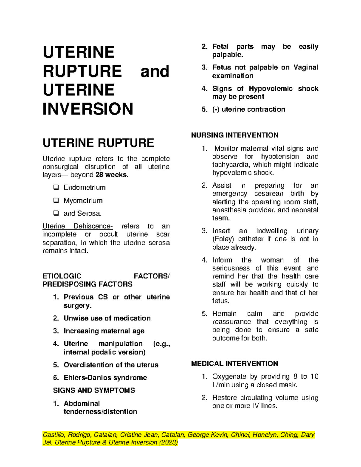 Uterine Inversion and Uterine Rupture G2 - Castillo, Rodrigo, Catalan ...