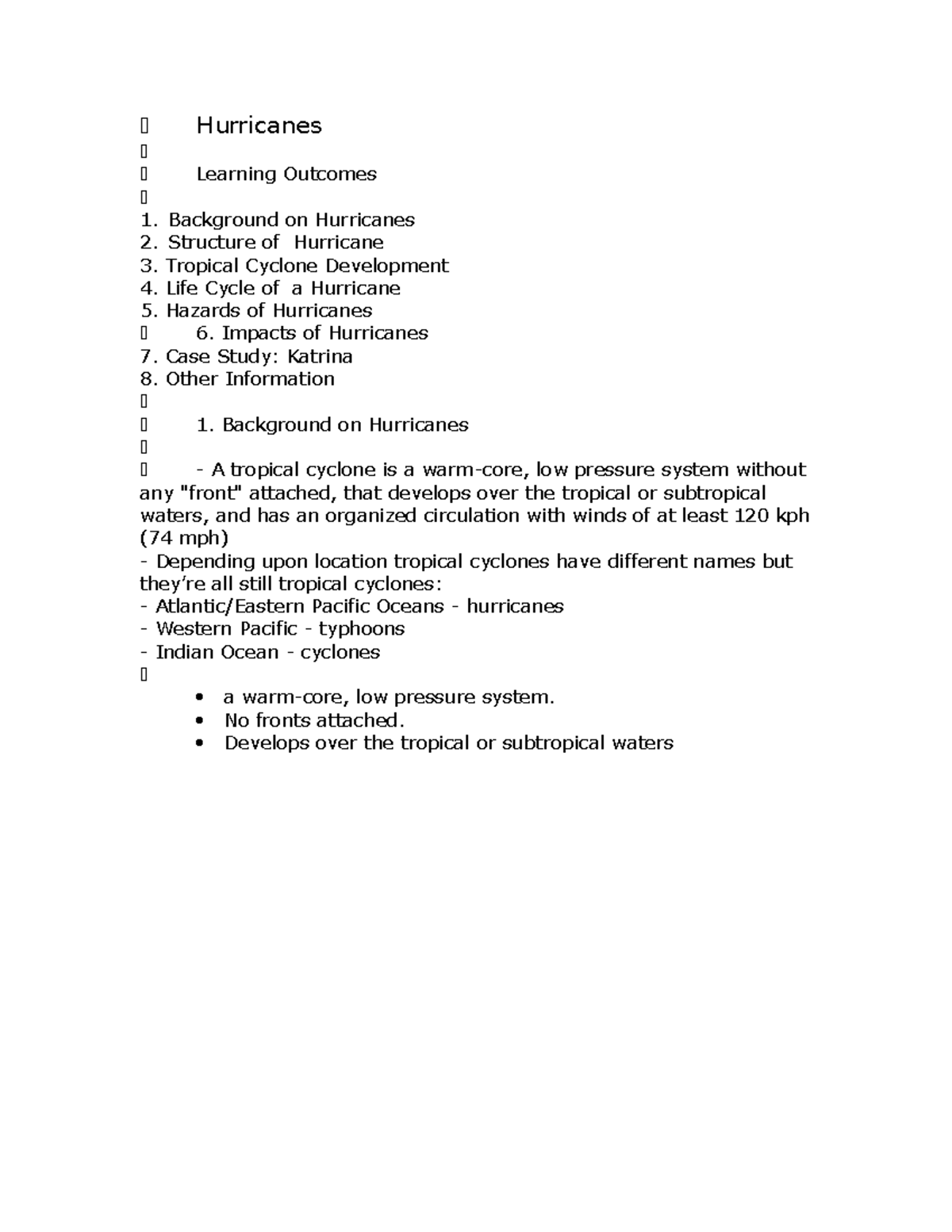 Lecture Notes, Hurricanes - Hurricanes Learning Outcomes 1. 2. 3. 4. 5 ...