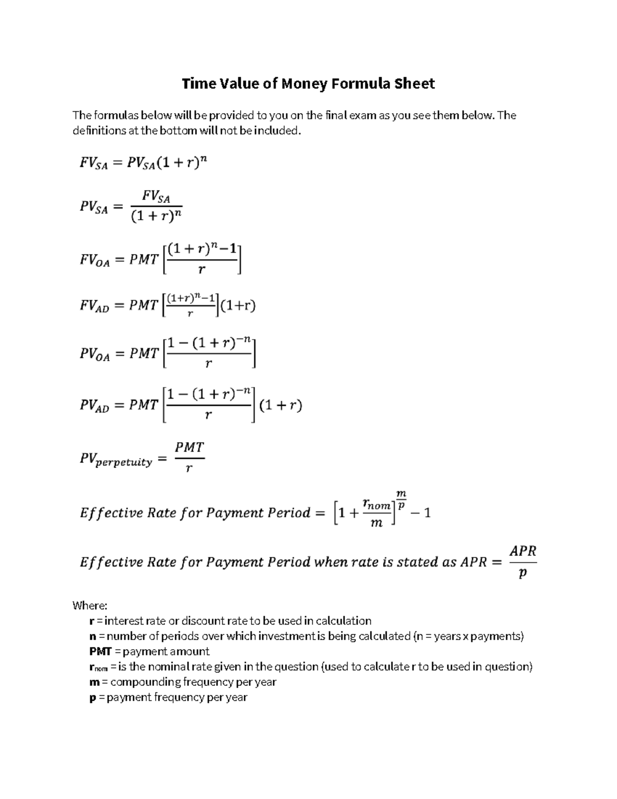 Time Value of Money Formula Sheet - The definitions at the bottom will ...