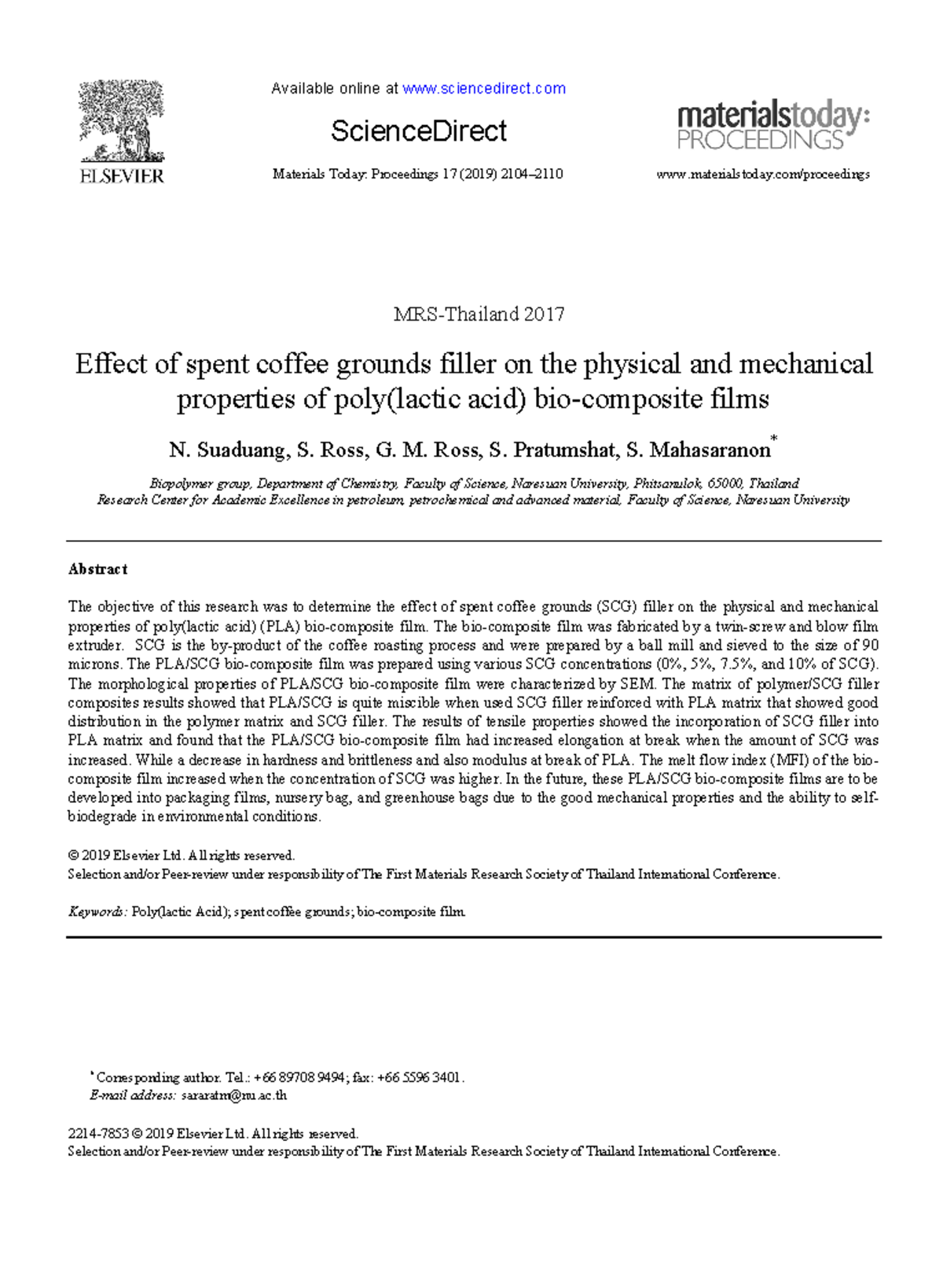 J.matpr.2019 Available online at sciencedirect ScienceDirect