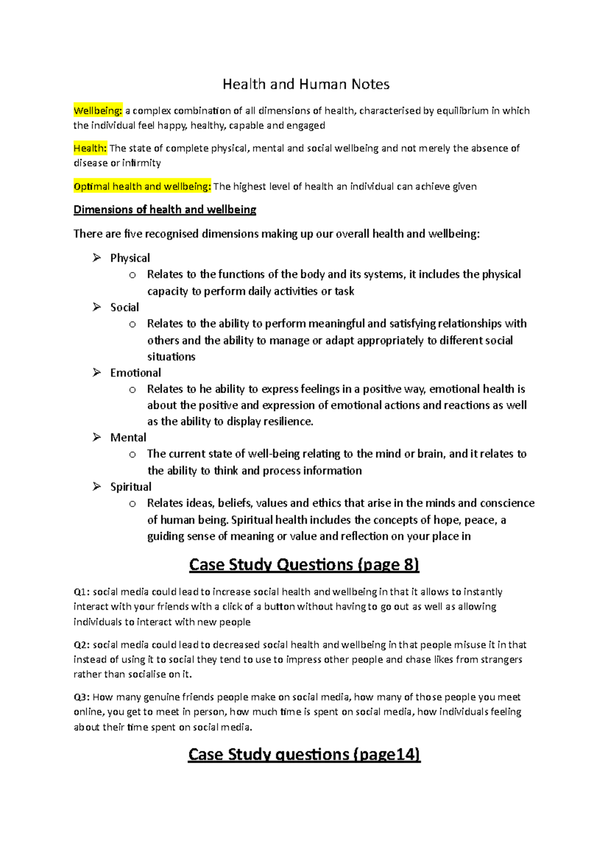 Holiday Homework - Health and Human Notes Wellbeing: a complex ...