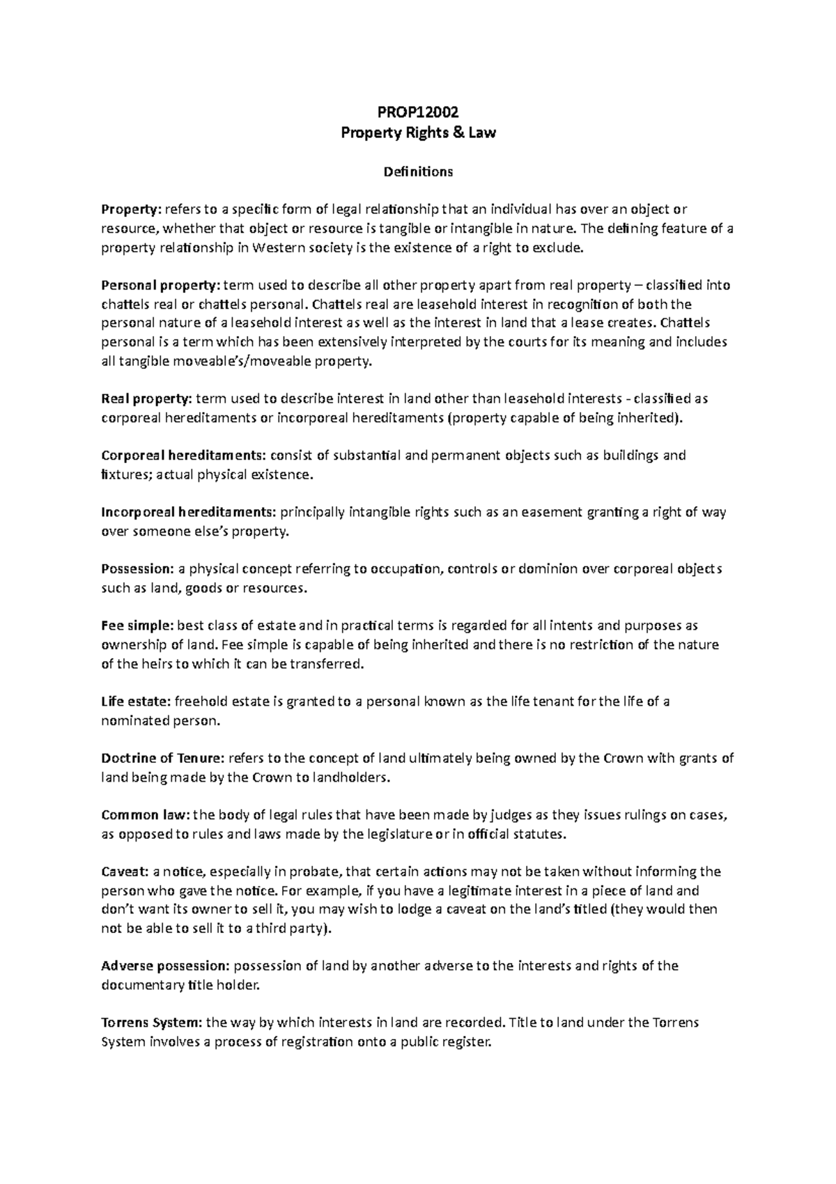 Definition and concepts PROP12002 Property Rights & Law Definitions Property refers to a