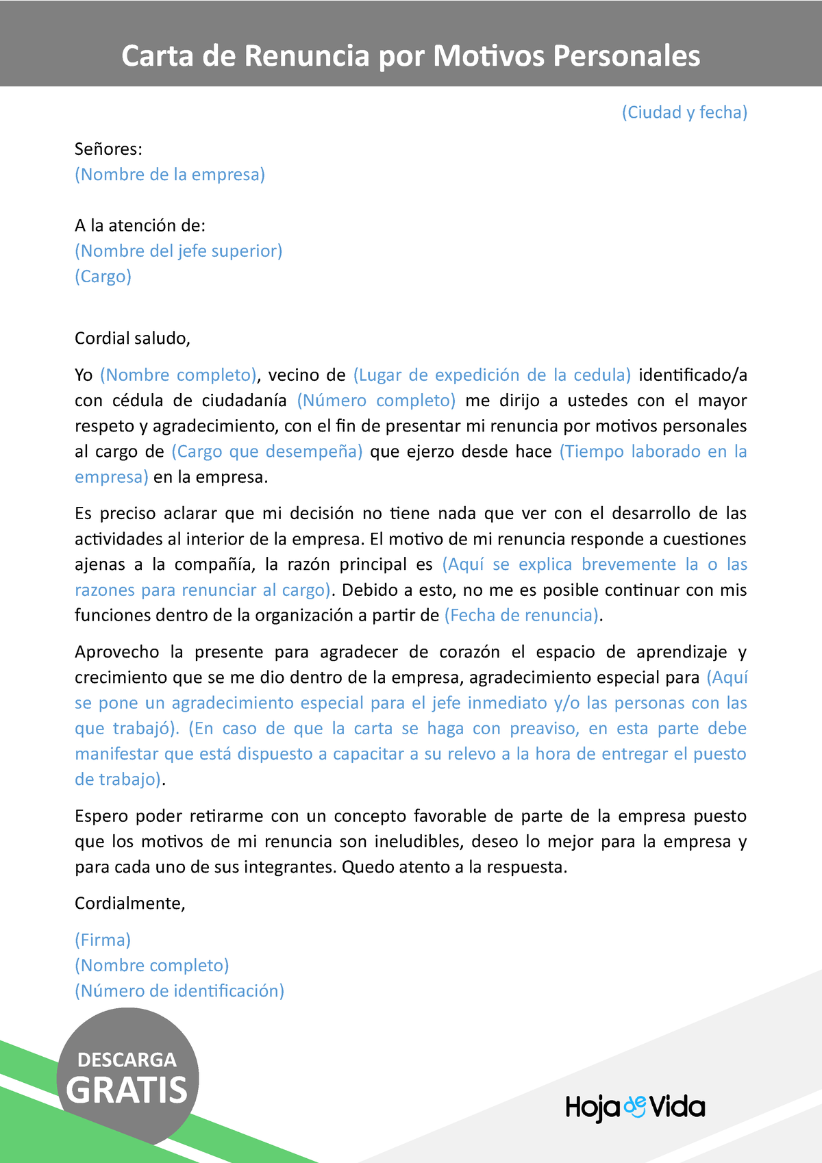 8 carta de renuncia por motivos personales - (Ciudad y fecha) Señores ...