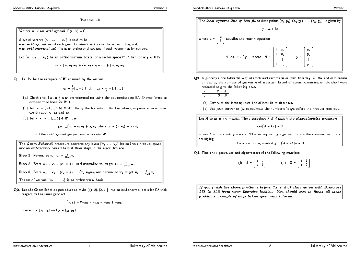 T10questions - prac - MAST10007 Linear Algebra Version 1 Tutorial 10 ...