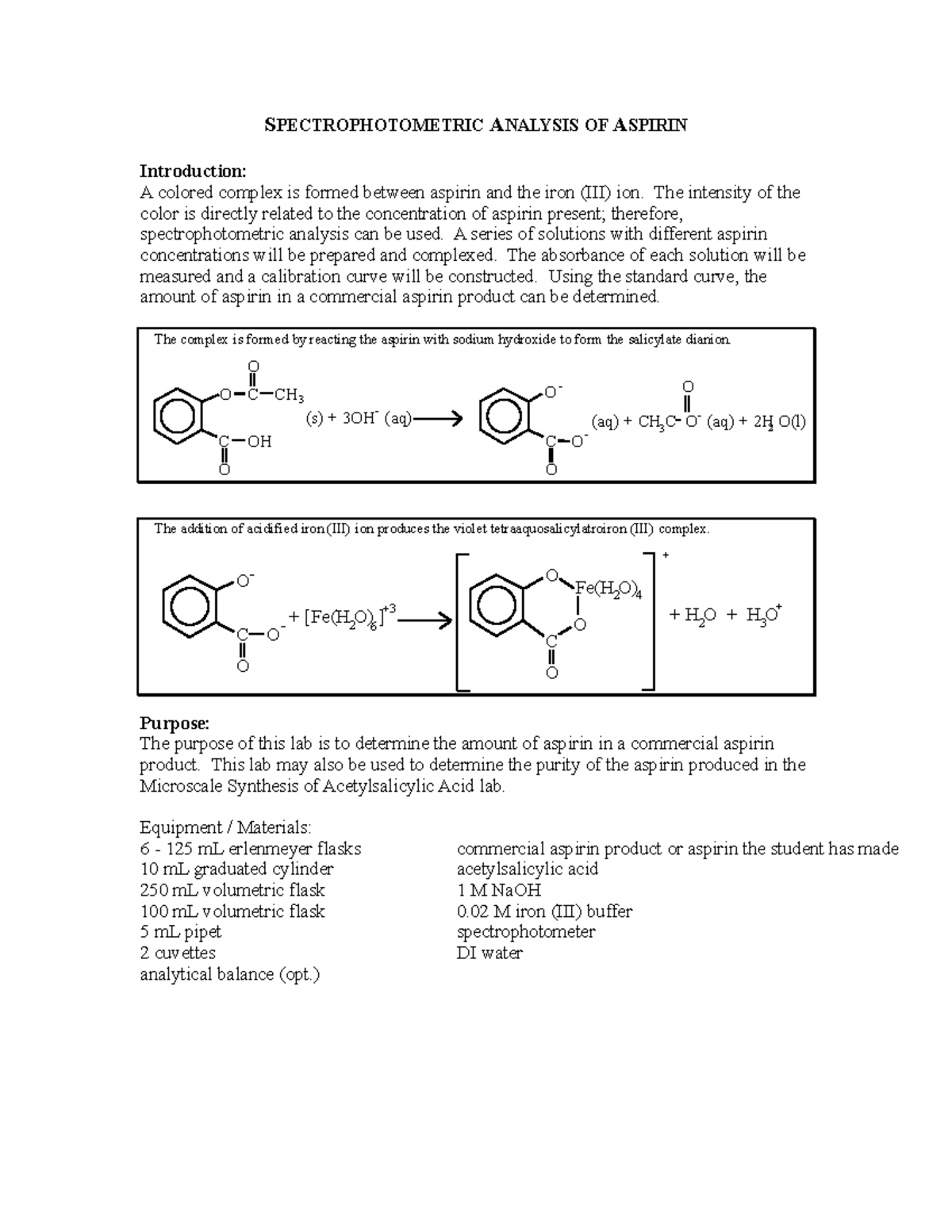 Spectrophotometric Analysis of Aspirin SPECTROPHOTOMETRIC ANALYSIS OF ASPIRIN Introduction A