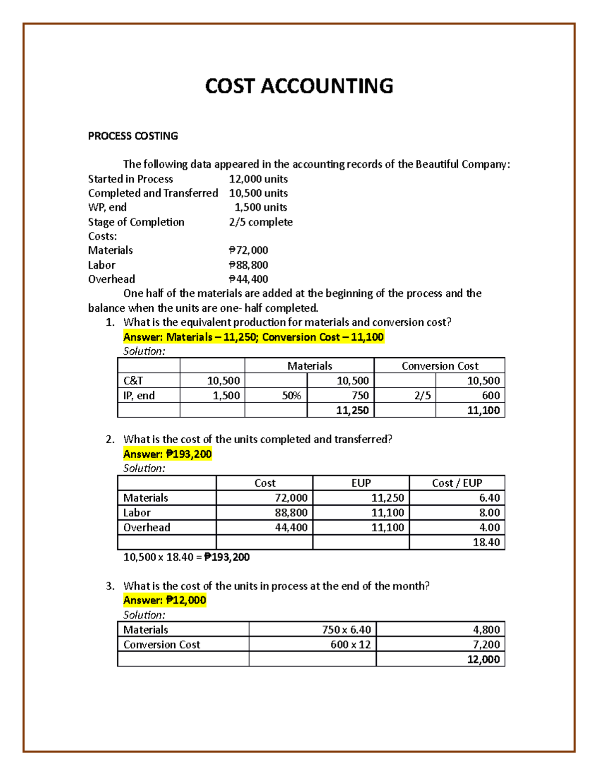 Cost Accounting - Process Costing - COST ACCOUNTING PROCESS COSTING The ...