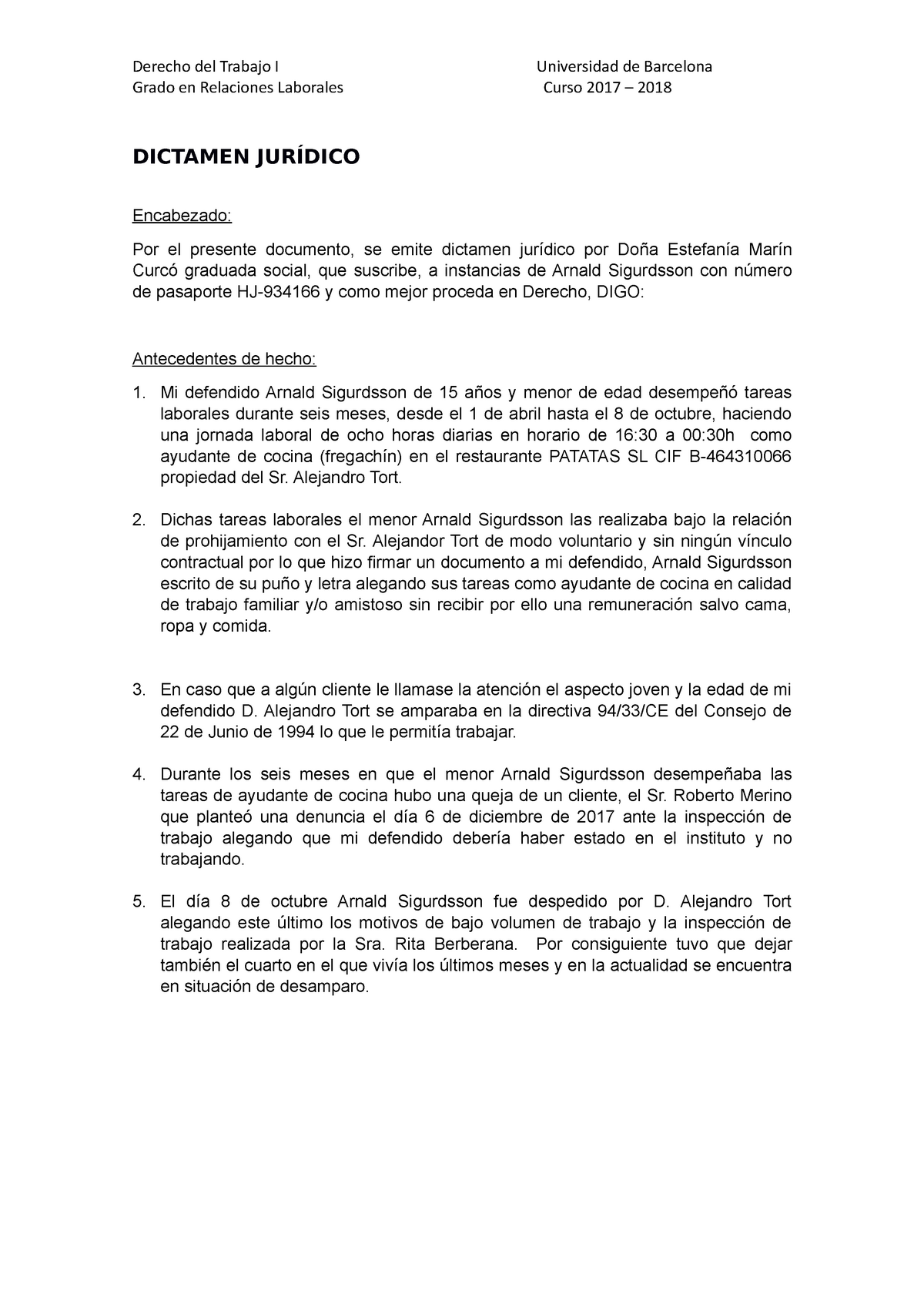 Dictamen juridico 2112017 - Derecho del Trabajo I Grado en Relaciones  Laborales Universidad de - Studocu