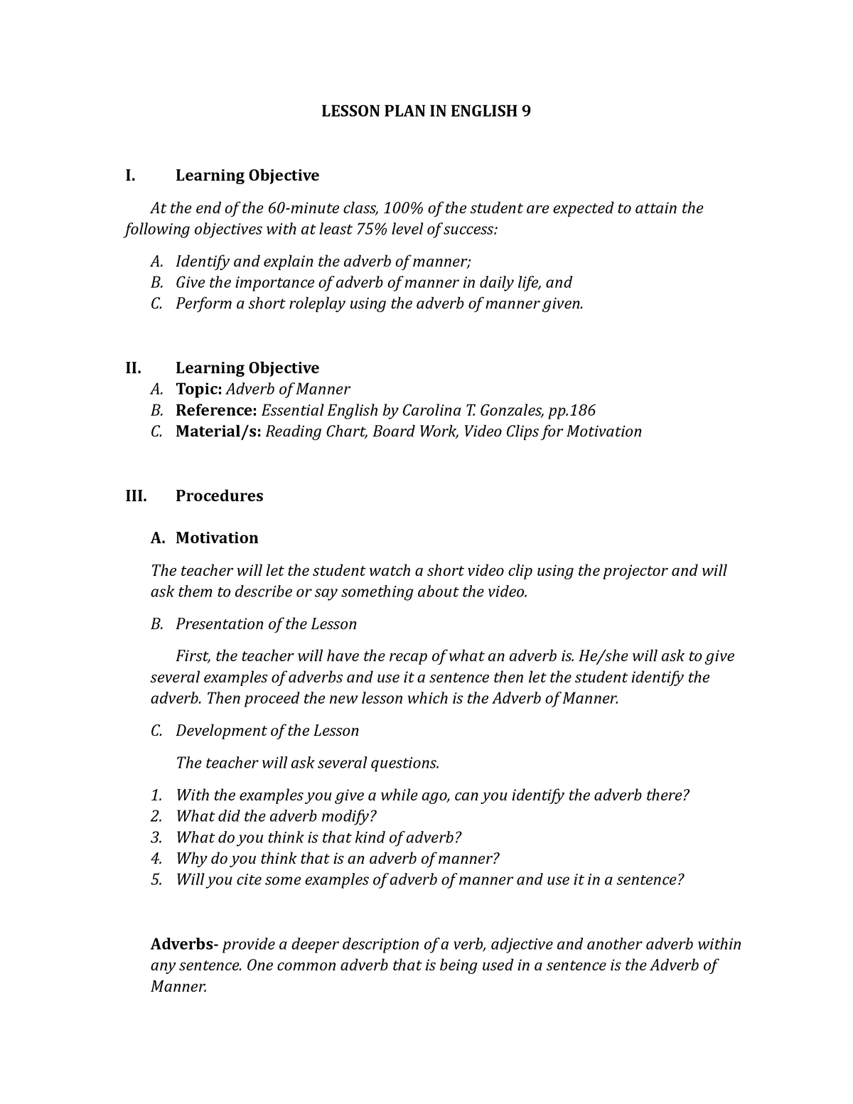 Adverb Of Manner Lesson Plan Grade 2