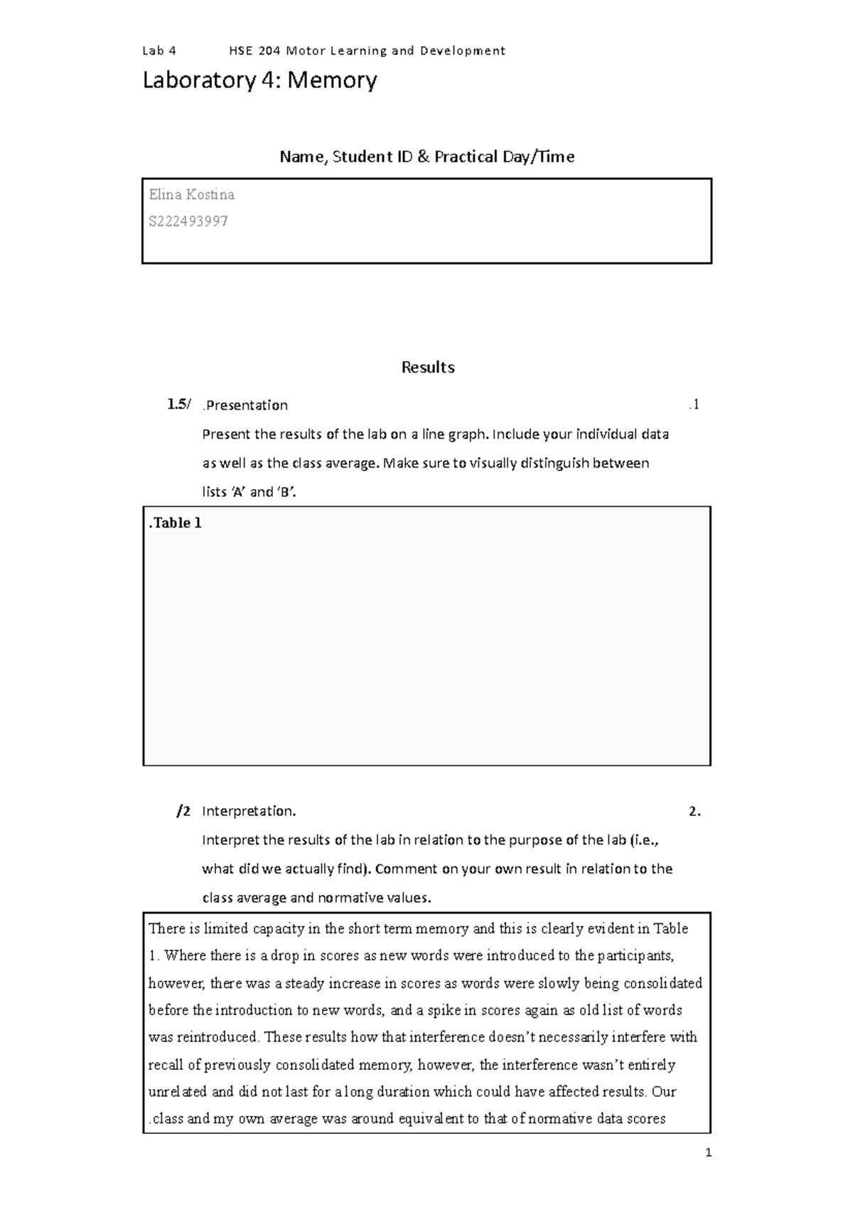 Lab 4- Memory- Lab Report Template - Laboratory 4: Memory Name, Student ...