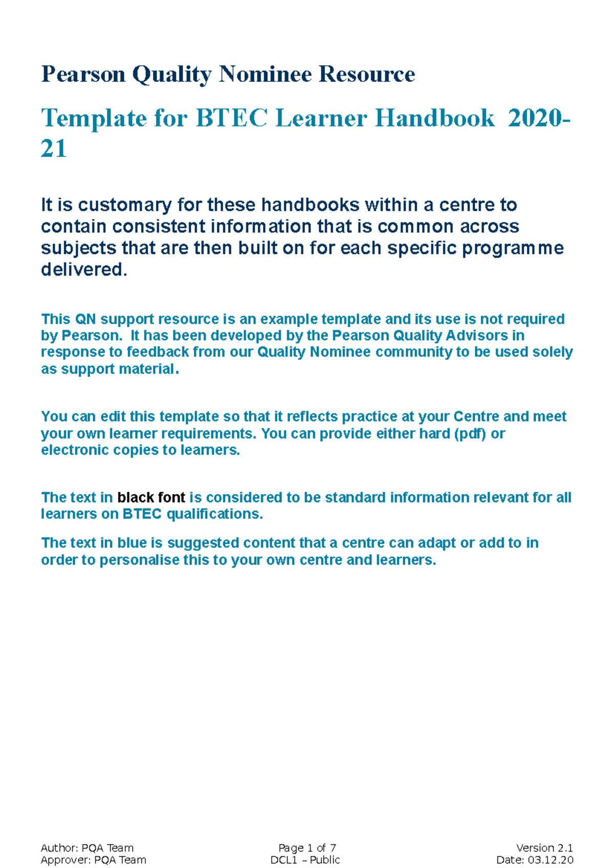 Template for Learner Handbook Hub resource V2 - Pearson Quality Nominee ...