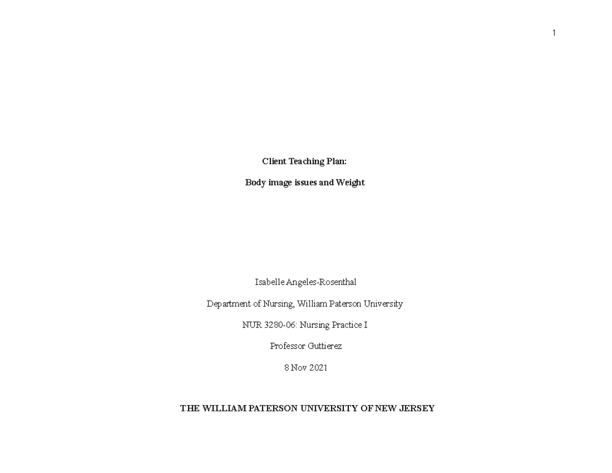 Client Teaching Plan - Client Teaching Plan: Body image issues and ...