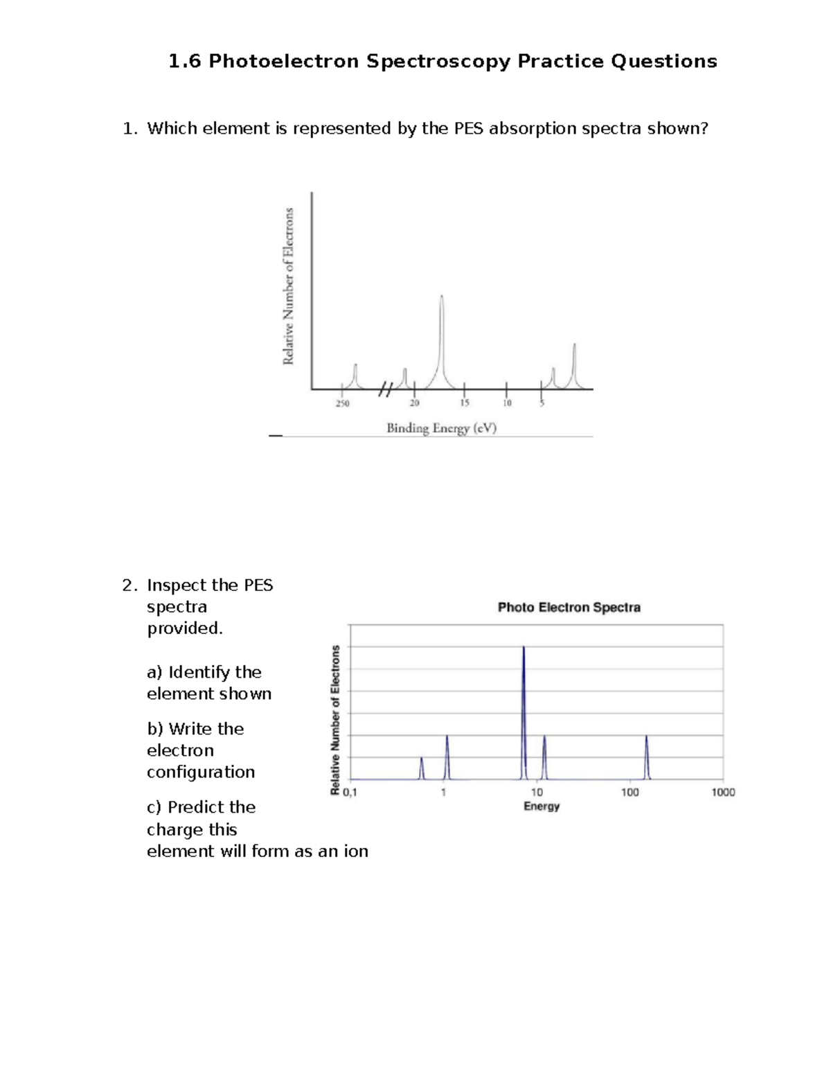 1.6 Photoelectron Spectroscopy Practice Questions 1 Photoelectron Spectroscopy Practice