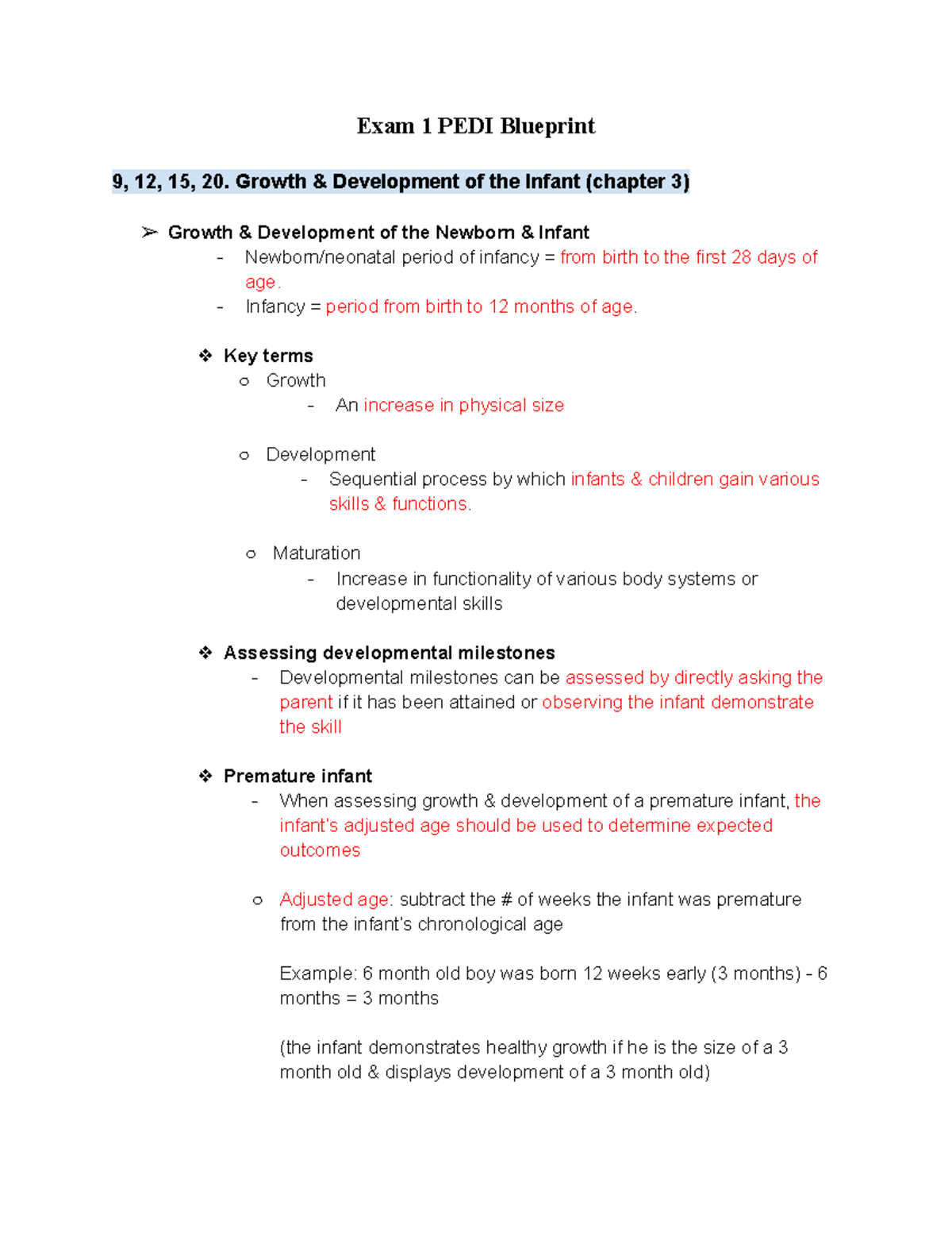 Peds exam 1 blueprint - Exam 1 PEDI Blueprint 9, 12, 15, 20. Growth ...