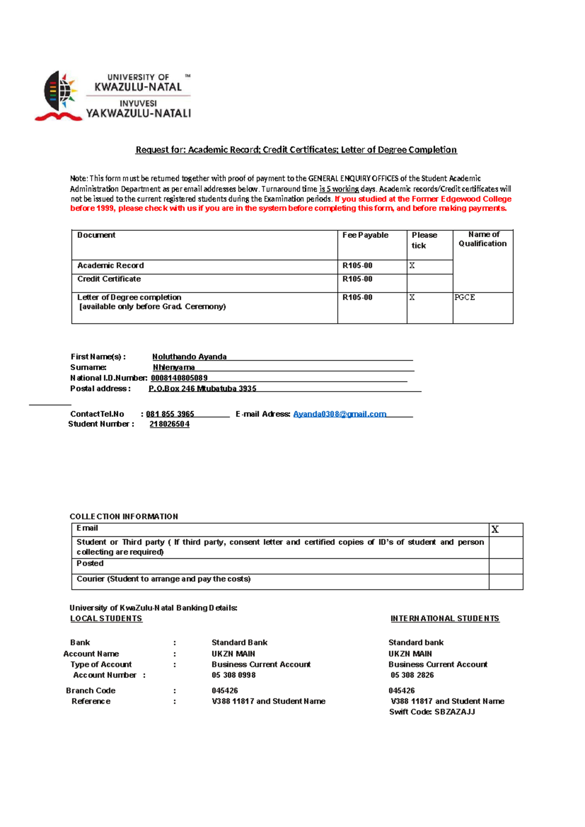 Academic Records Application Form (CSR01)bbbb - Request for: Academic ...