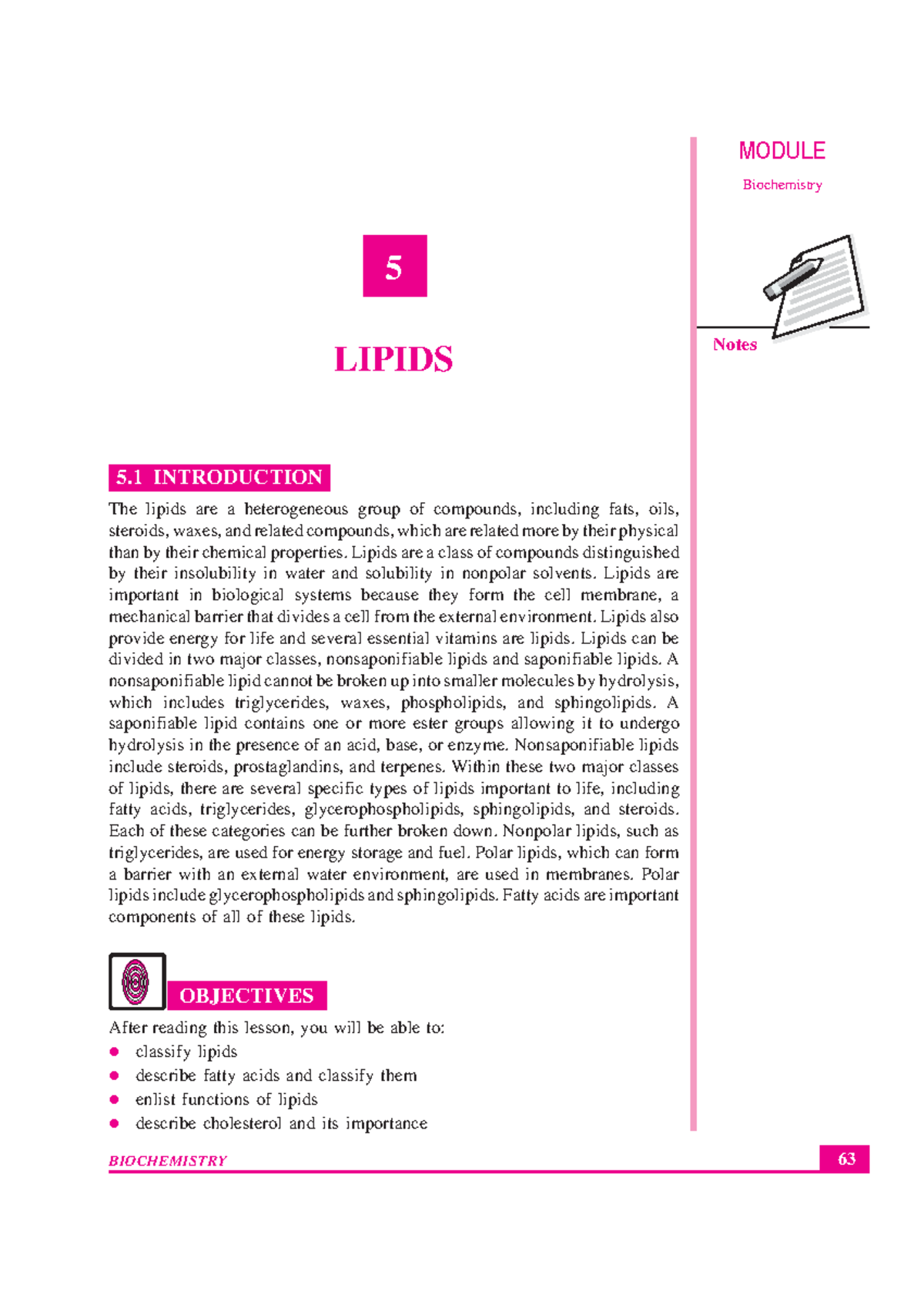 Lipids - Hjbjhg - 63 Lipids MODULE Biochemistry Notes 5 LIPIDS 5 ...