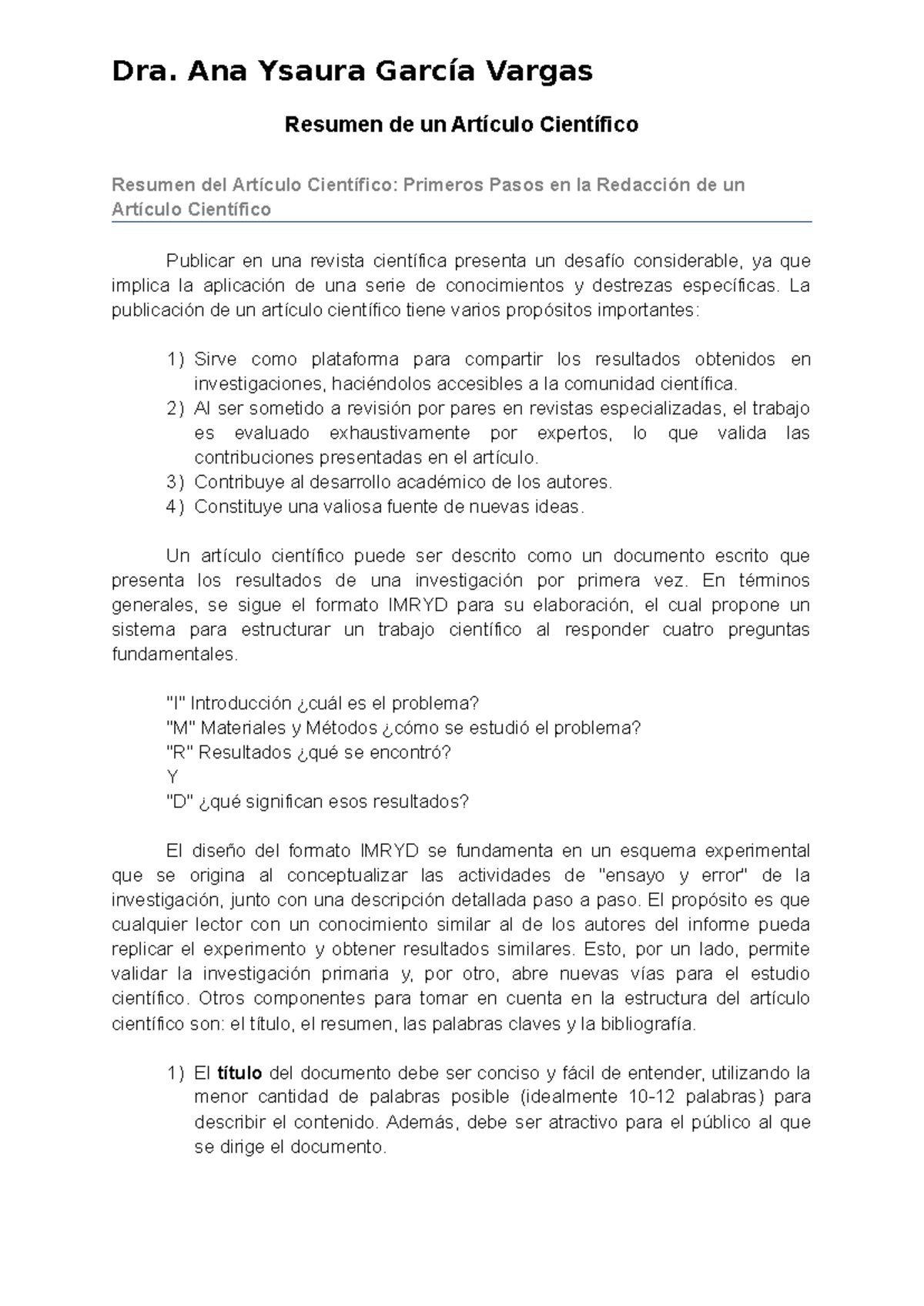 Primeros Pasos En La Redacción De Un Artículo Científico Resumen De