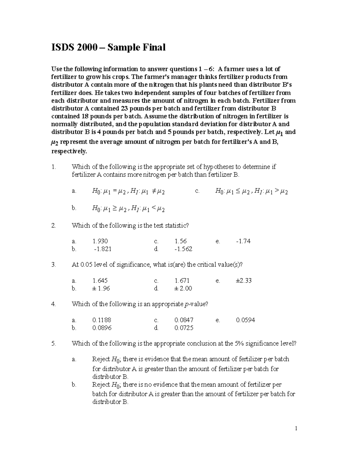 ISDS 2000 - Sample TEST 4 - Revised 1119 - ISDS 2000 – Sample Final Use ...