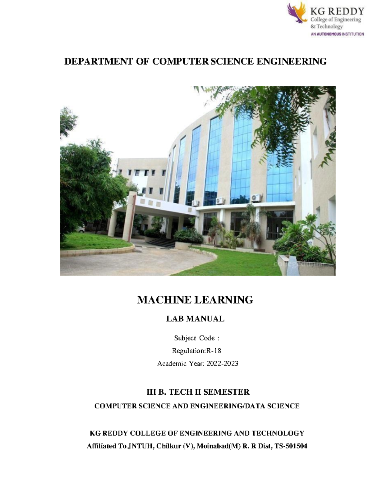 ML LAB Manual R18 DEPARTMENT OF COMPUTER SCIENCE ENGINEERING MACHINE