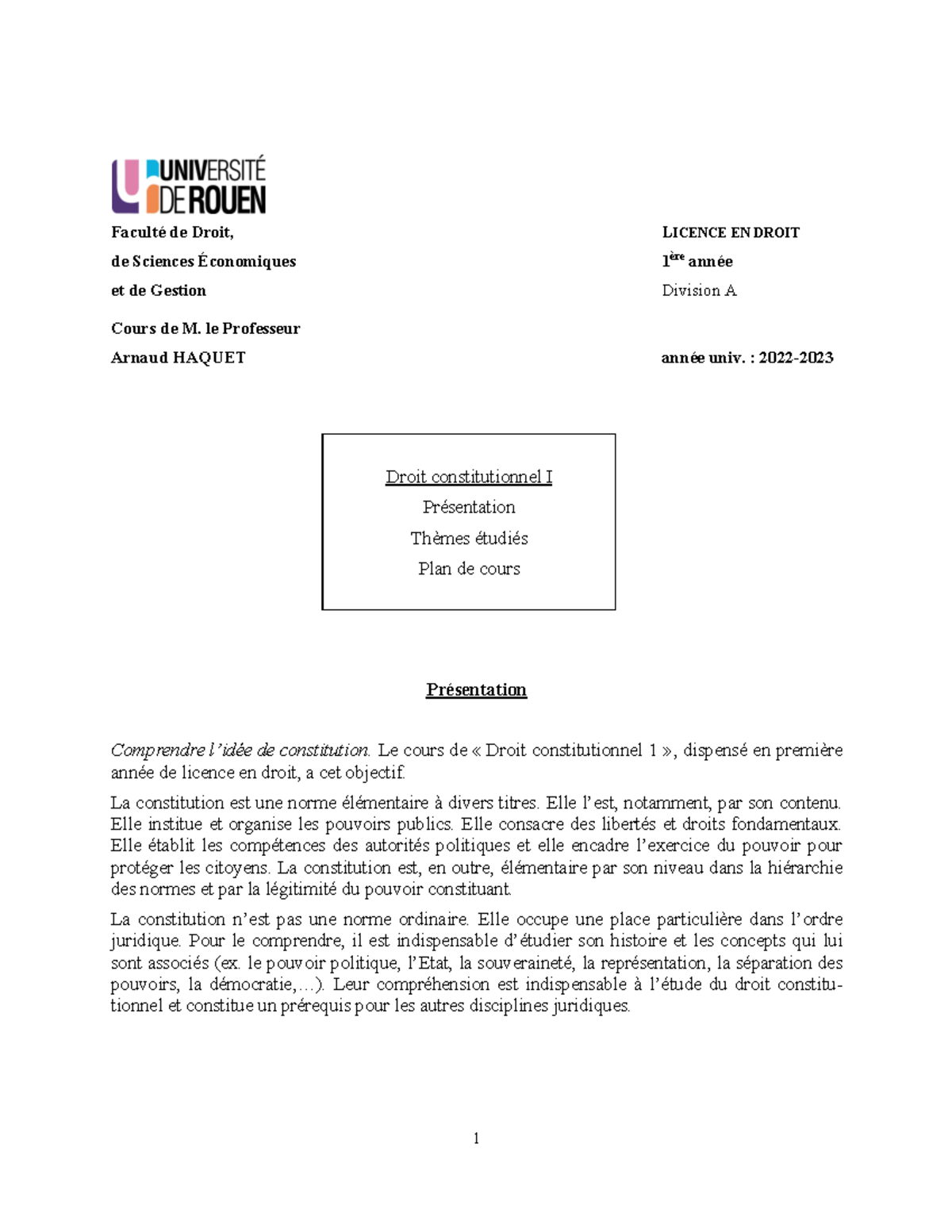 Plan - Faculté de Droit, LICENCE EN DROIT de Sciences Économiques 1 ère ...