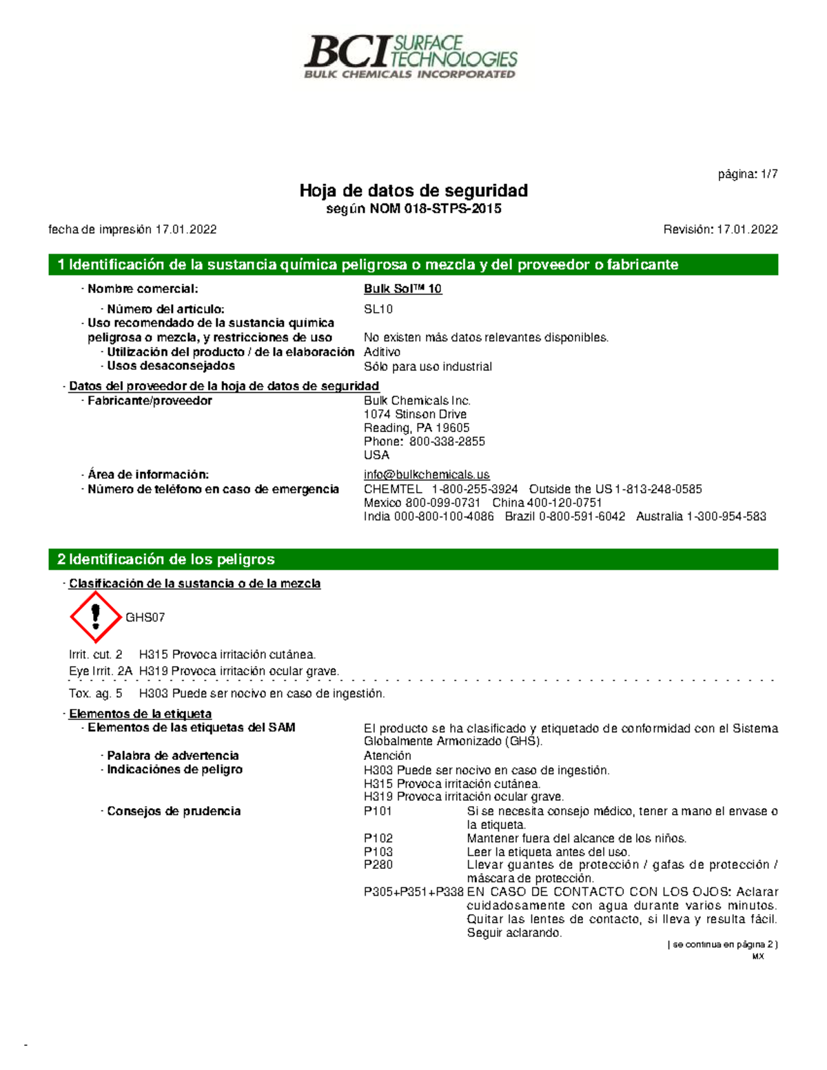 SDS-Bulk Sol™ 10(MX) - Hoja de datos de seguridad según NOM 018-STPS ...