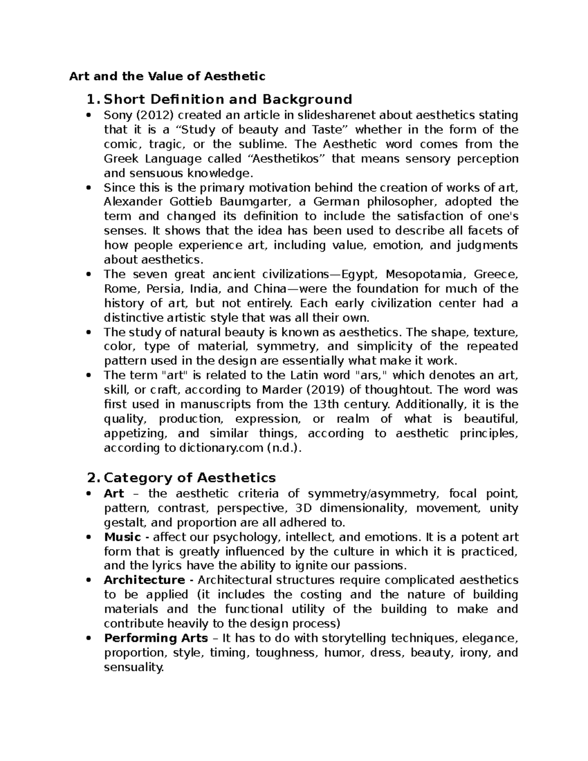 Art and the Value of Aesthetic Short Definition and Background Sony