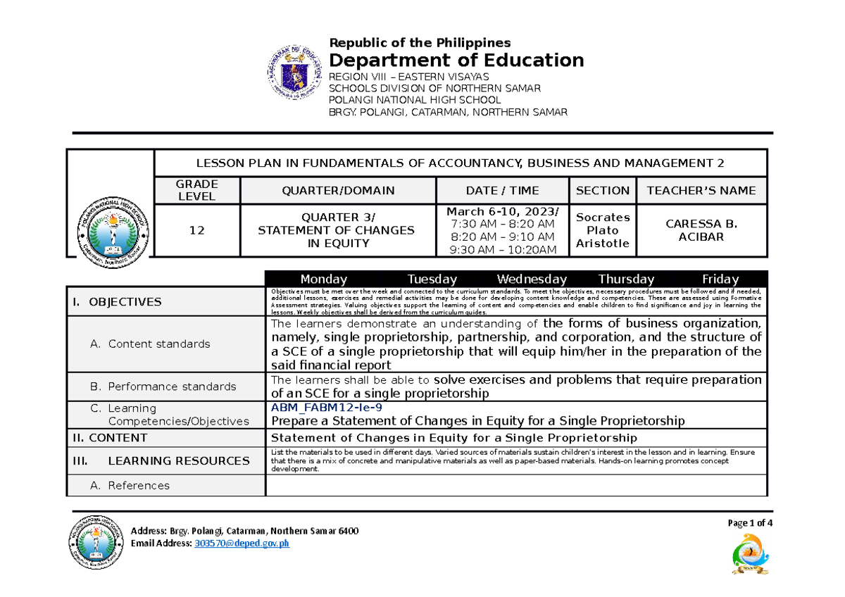 WEEK 4 MAR 6-10 2023 - lesson plan week 4 - Page 1 of 4 Republic of the ...