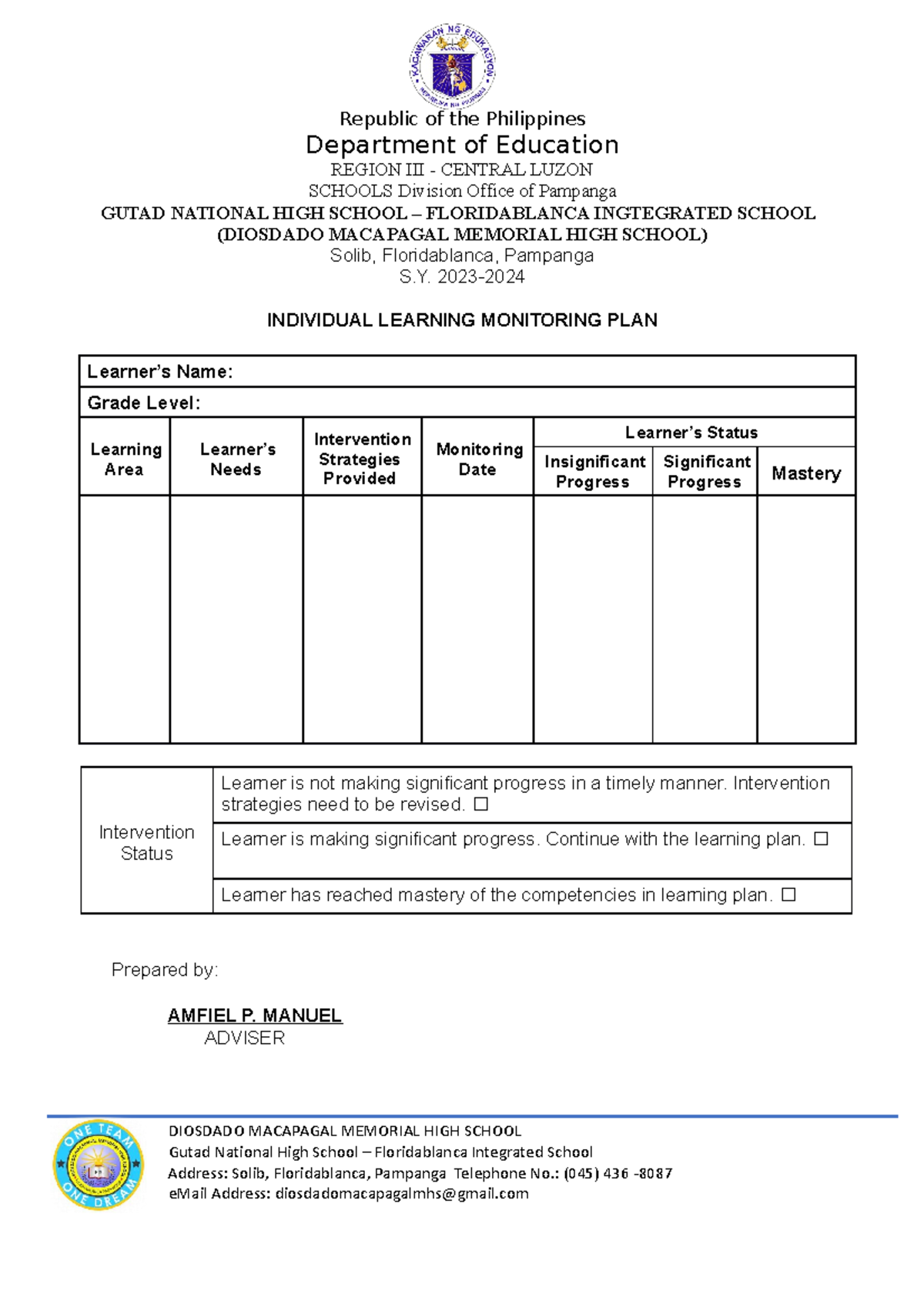 Individual Learning Monitoring PLAN Republic of the Philippines