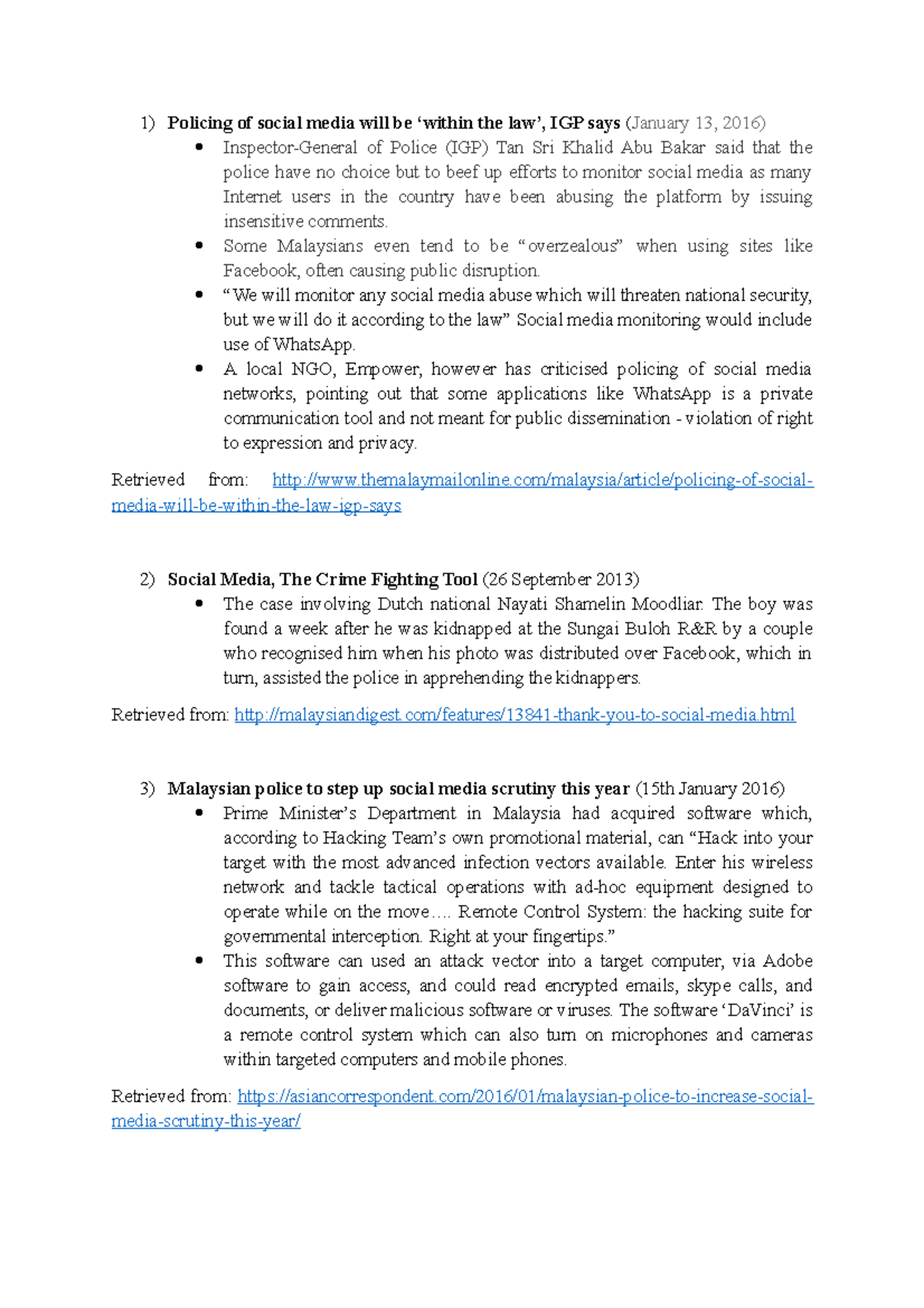 Social Media Policing Incidences in Malaysia - 1) Policing of social