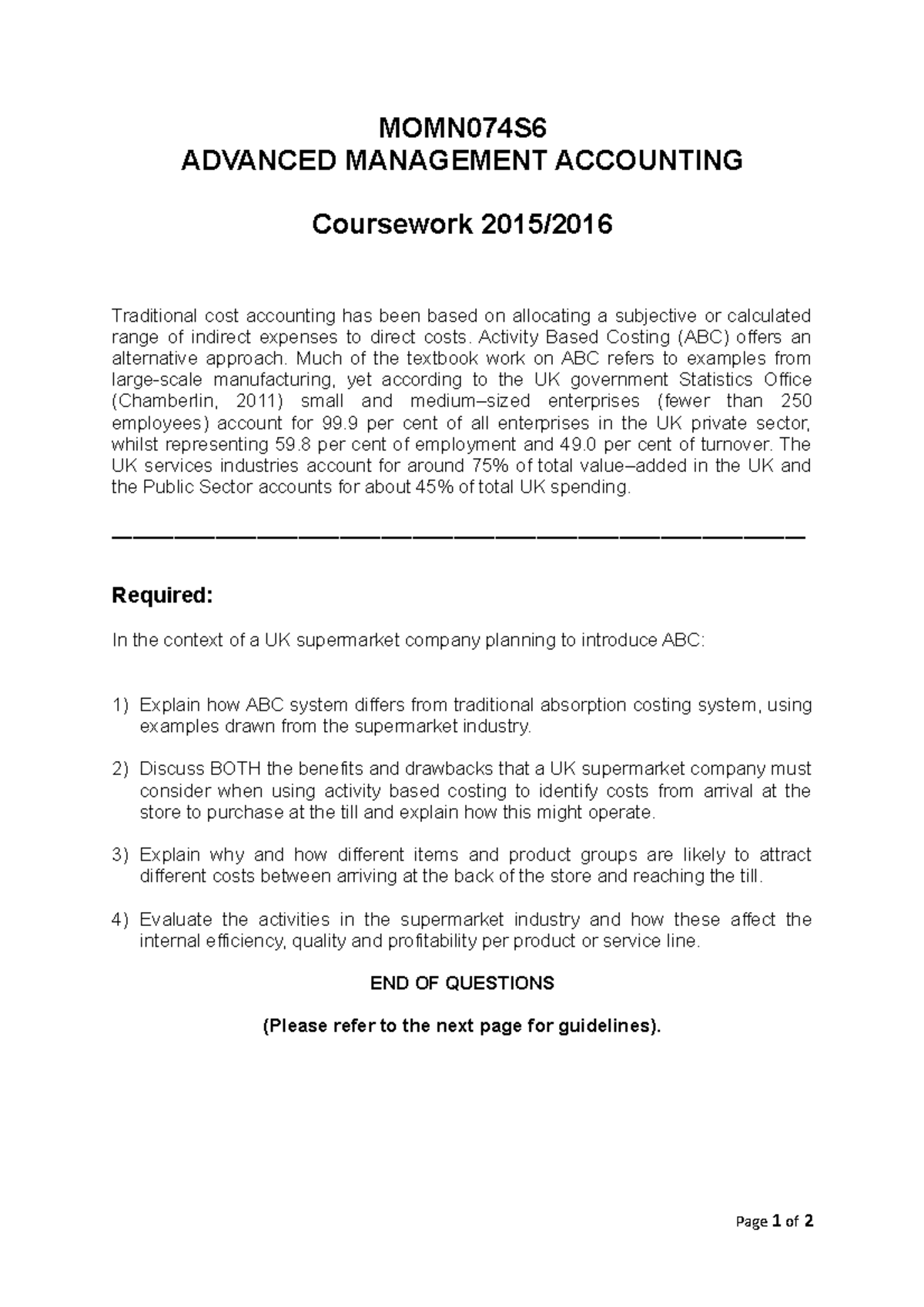 AMA coursework 2015-2016 - MOMN074S ADVANCED MANAGEMENT ACCOUNTING ...