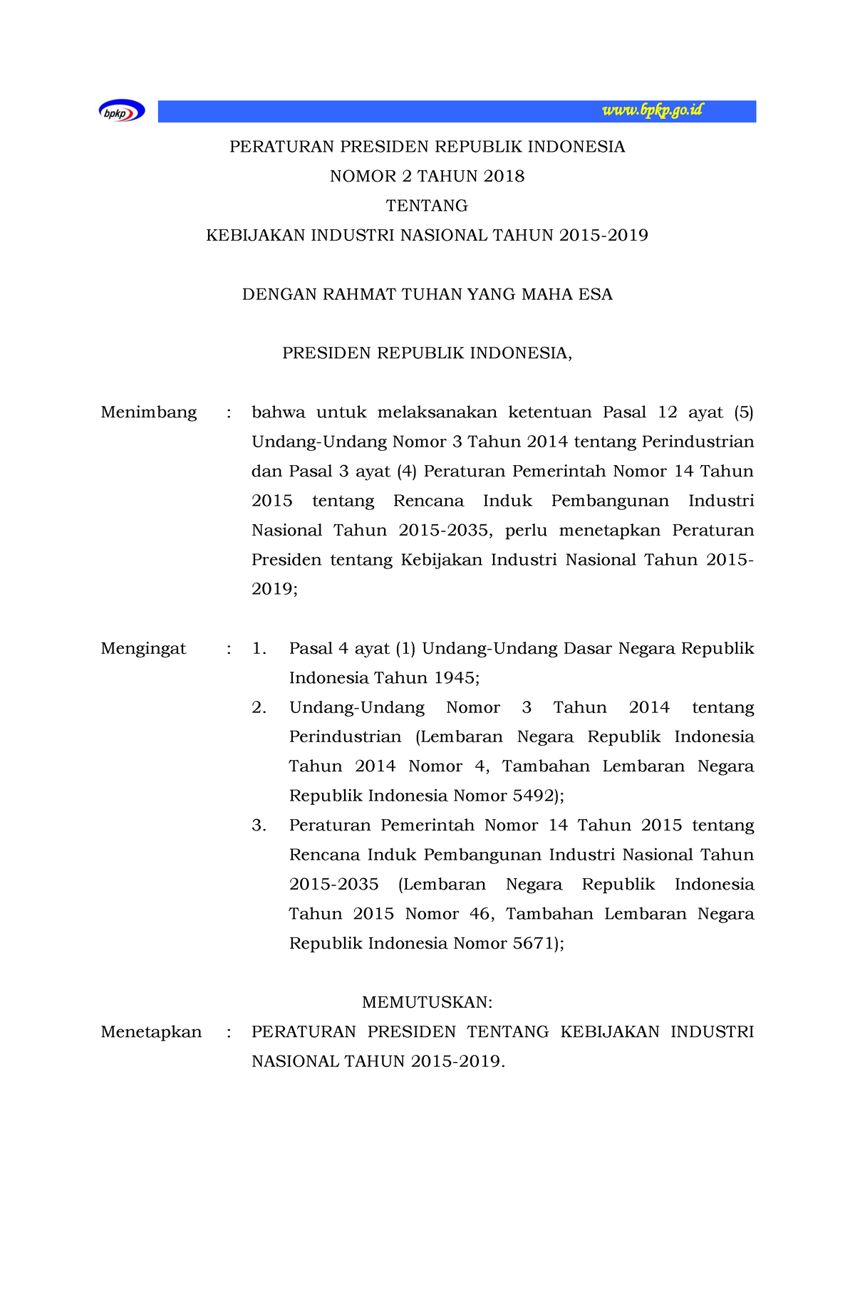 Peraturan Presiden Tahun 2018 Perpres 02 2018 - Bpkp.go PERATURAN ...