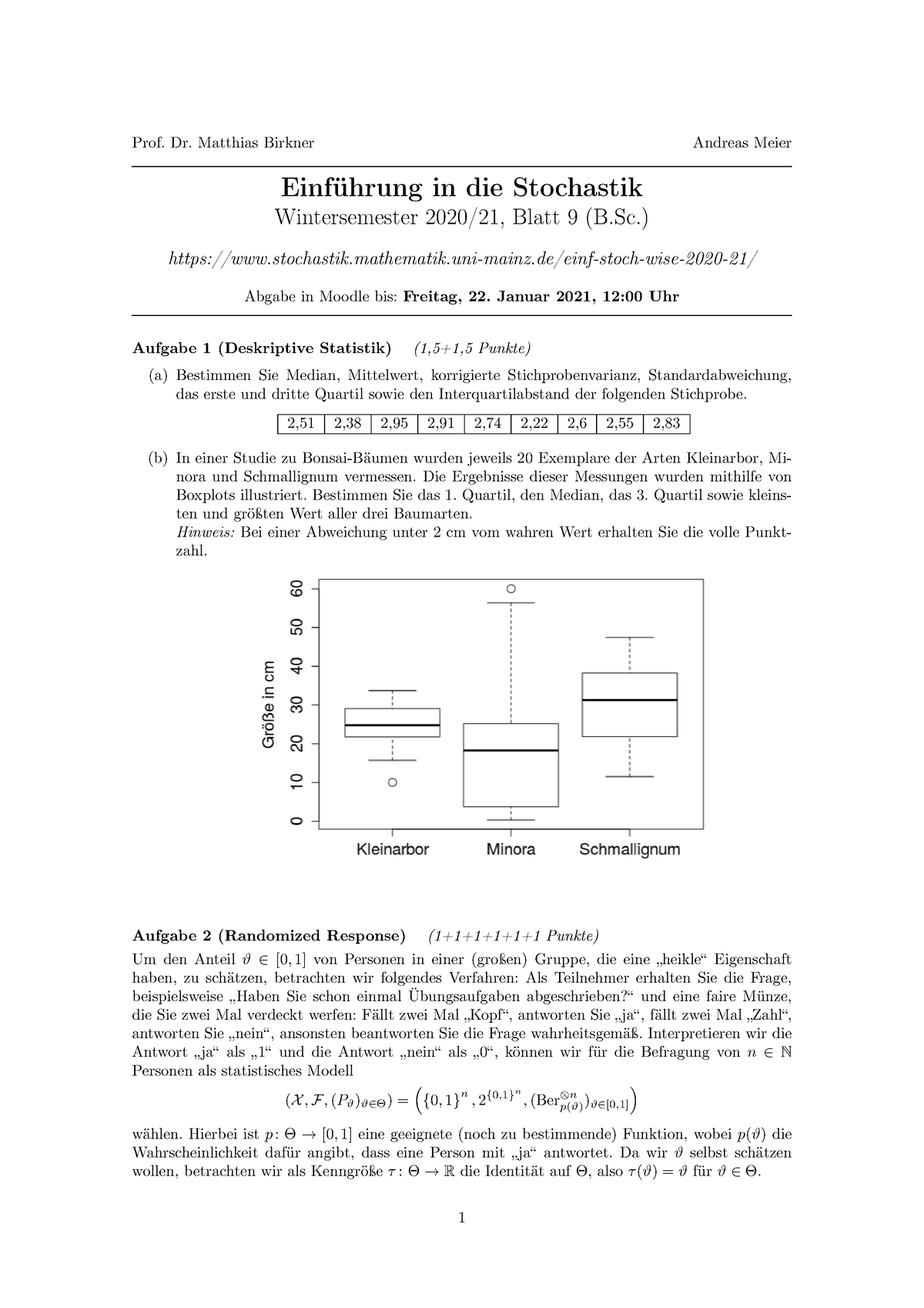 Blatt 09 BSc - Prof. Dr. Matthias Birkner Andreas Meier Einführung In ...