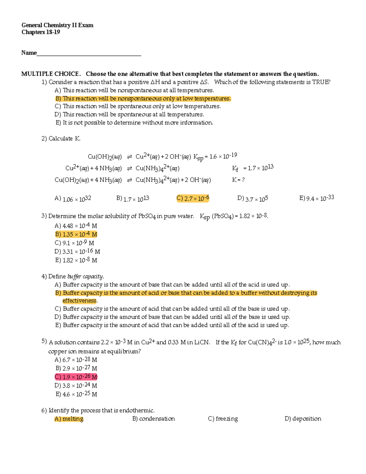 GC2 Exam III Practice Test - General Chemistry II Exam Chapters 18 ...