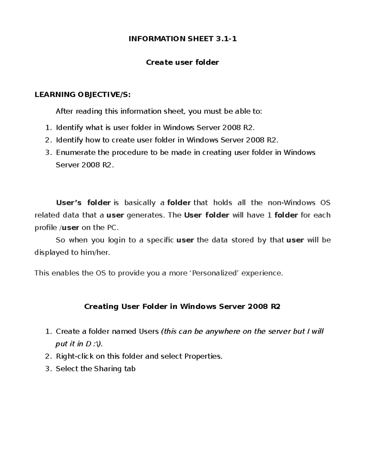 CSS - Info Sheet 3.1-1 - Create user folder - INFORMATION SHEET 3 ...