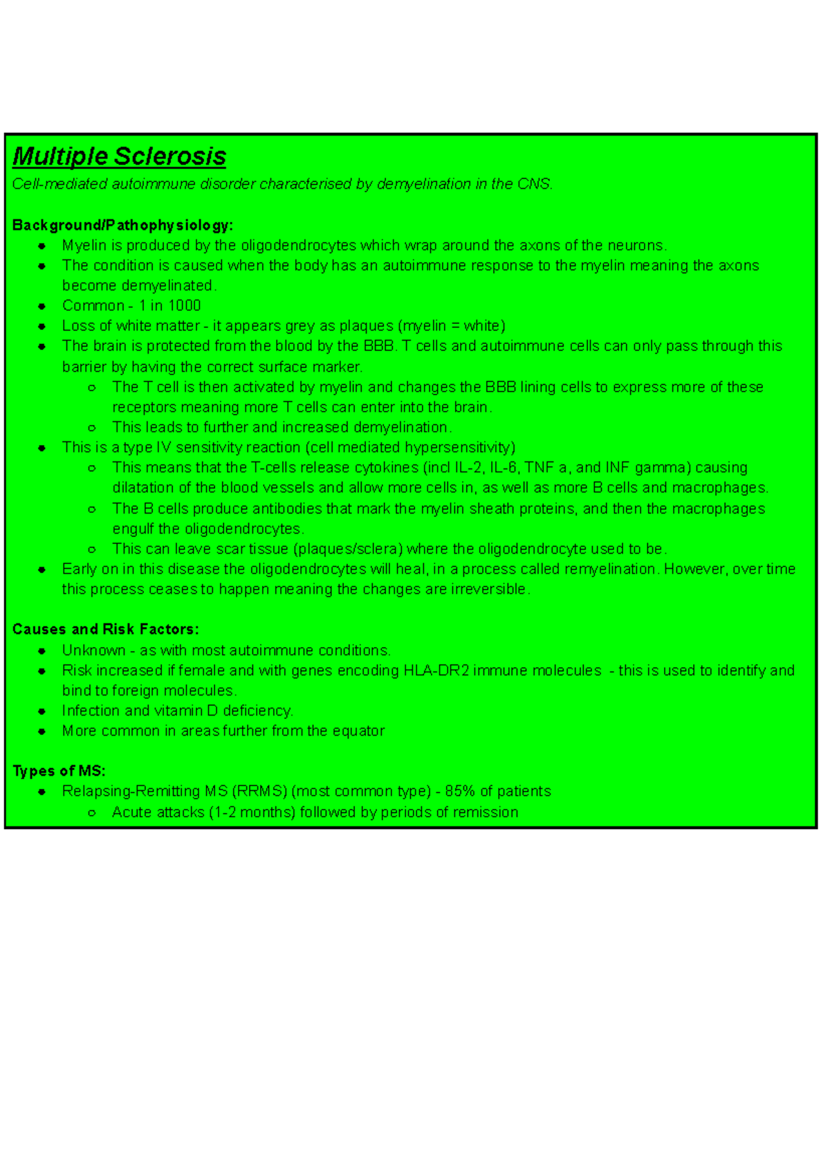 Multiple Sclerosis - Lecture notes Year 4 Neurology - Multiple ...