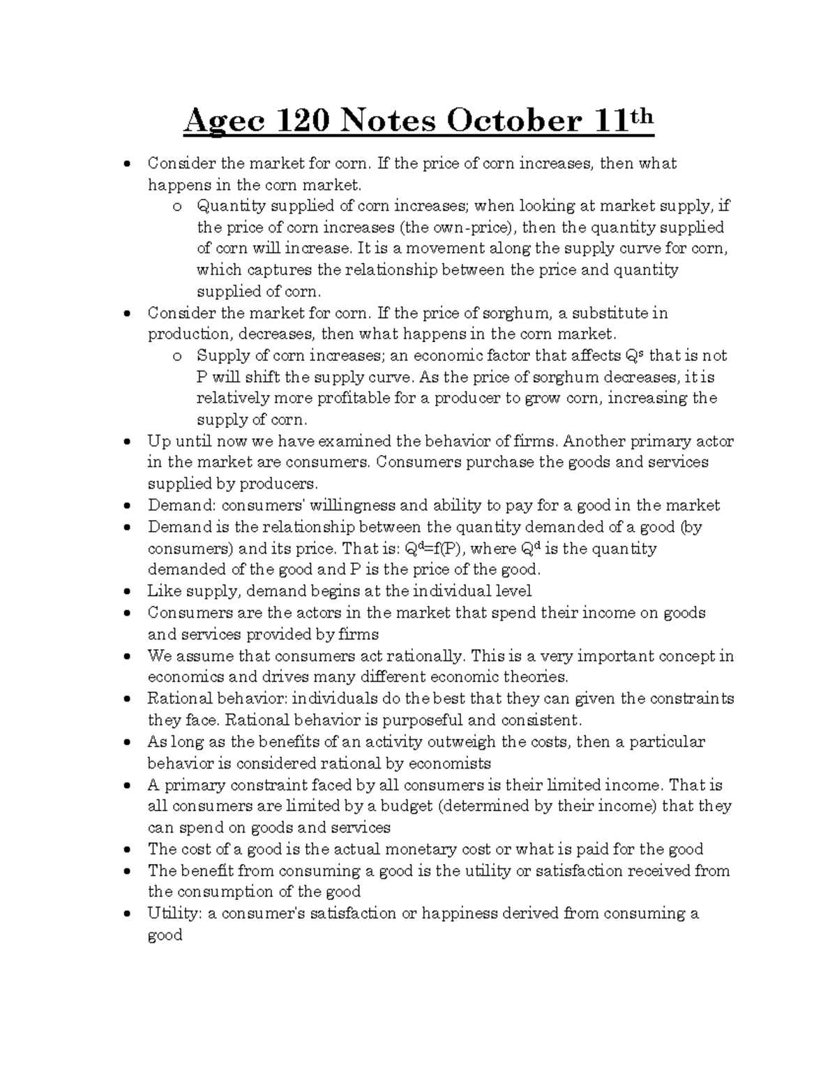 Agec 120 Notes October 11th - Agec 120 Notes October 11th Consider the ...