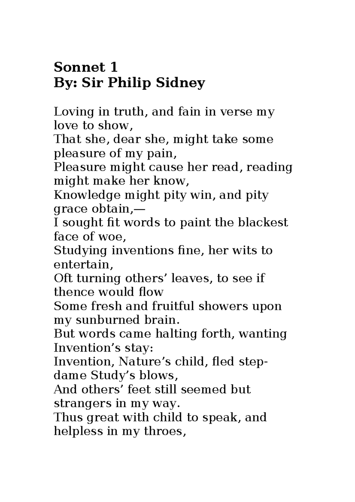 Sonnet 1 and Sonnet 31 - Philip Sidney - Sonnet 1 By: Sir Philip Sidney ...