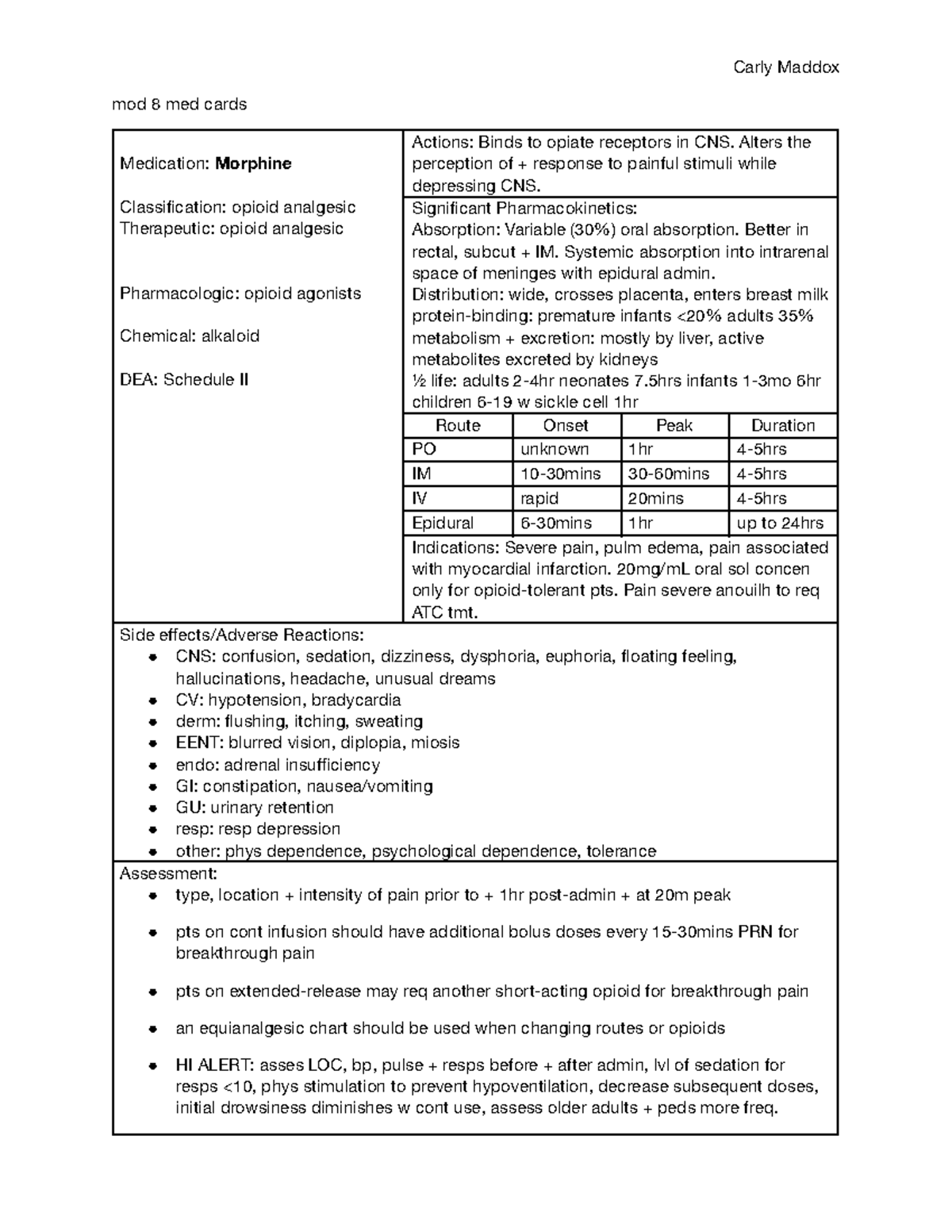 Mod 8 med cards analgesics - mod 8 med cards Medication: Morphine ...