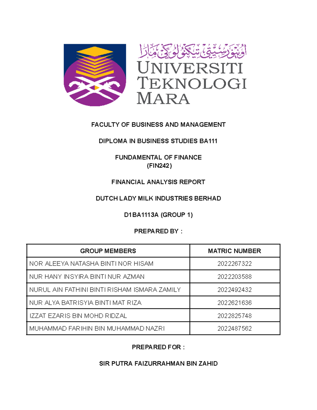 Financial Analysis Group 1 - FACULTY OF BUSINESS AND MANAGEMENT DIPLOMA ...