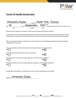 Health Declaration - Answering YES to any of the following questions means  that you will NOT be able - Studocu