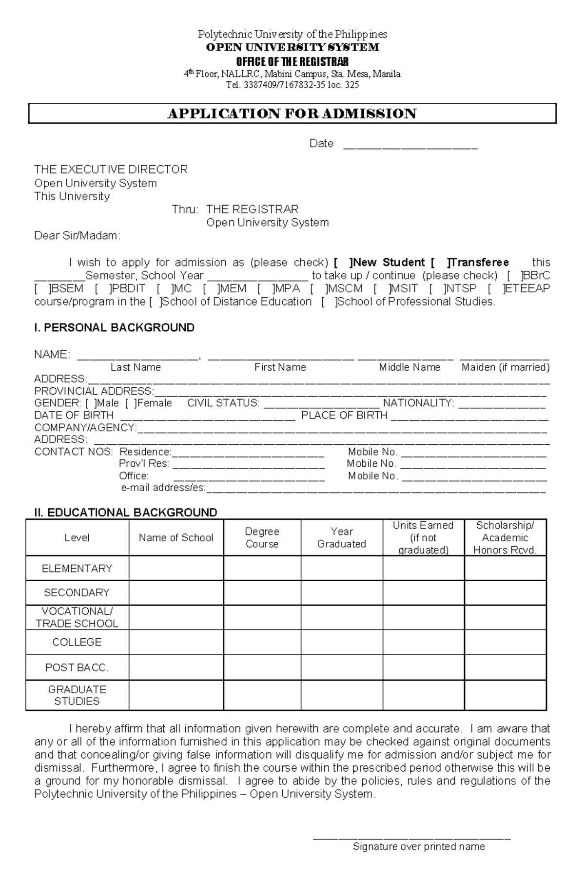 OUSApp Form - OPEN UNIVERSITY APPLICATION FORM - Polytechnic University