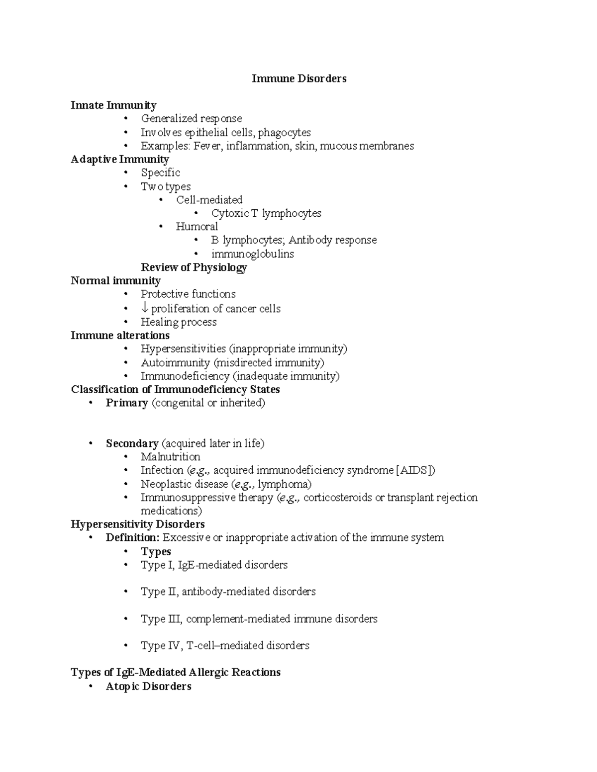 Immune Disorders - NUR 3031 - NSU - Studocu