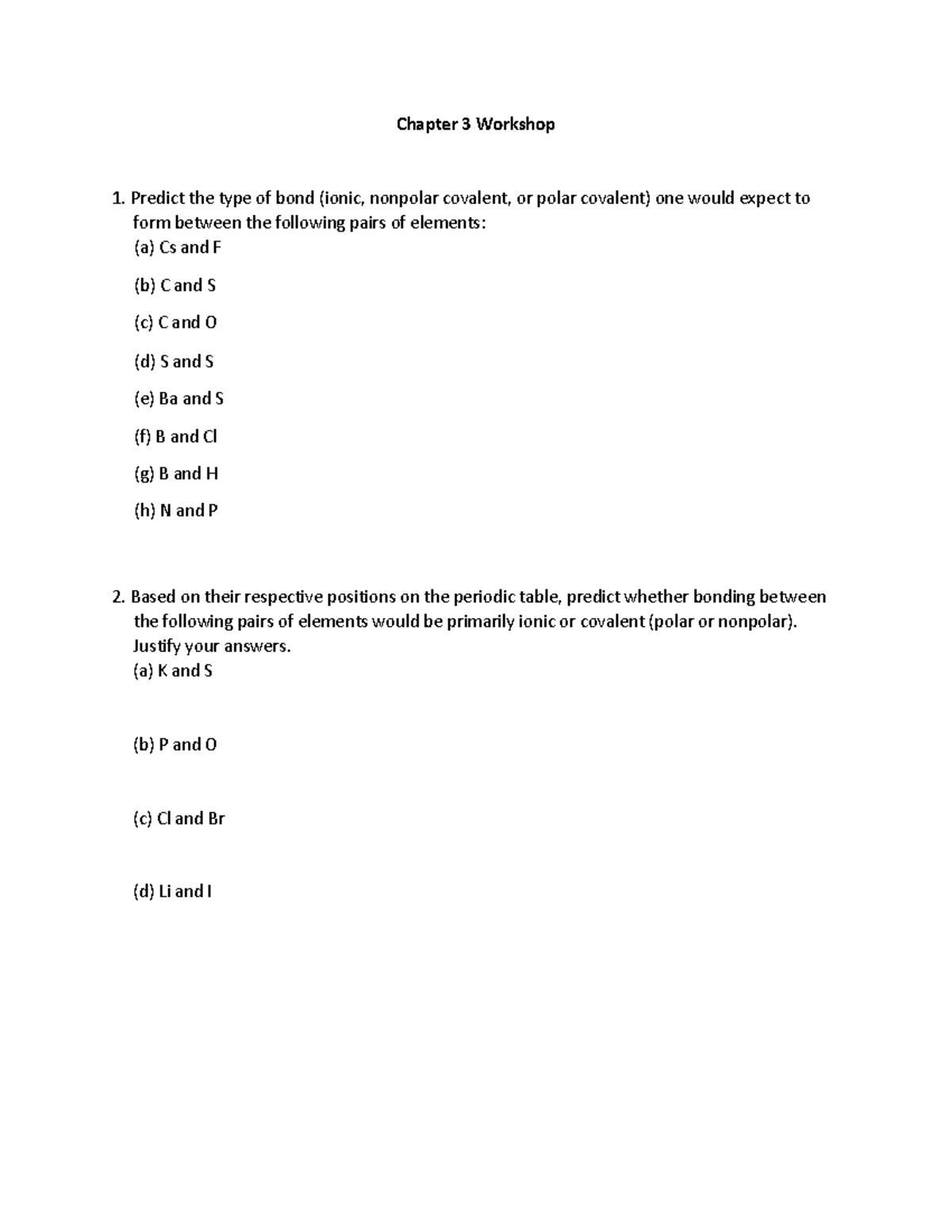 Chapter+3+Workshop%281%29 - Chapter 3 Workshop Predict the type of bond ...