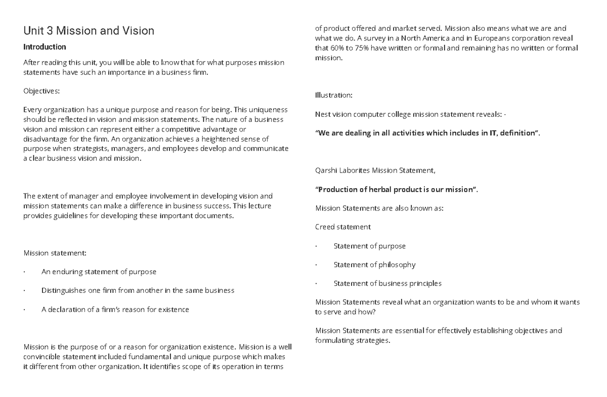 Unit 3 Mission and Vision - Unit 3 Mission and Vision Introduction ...