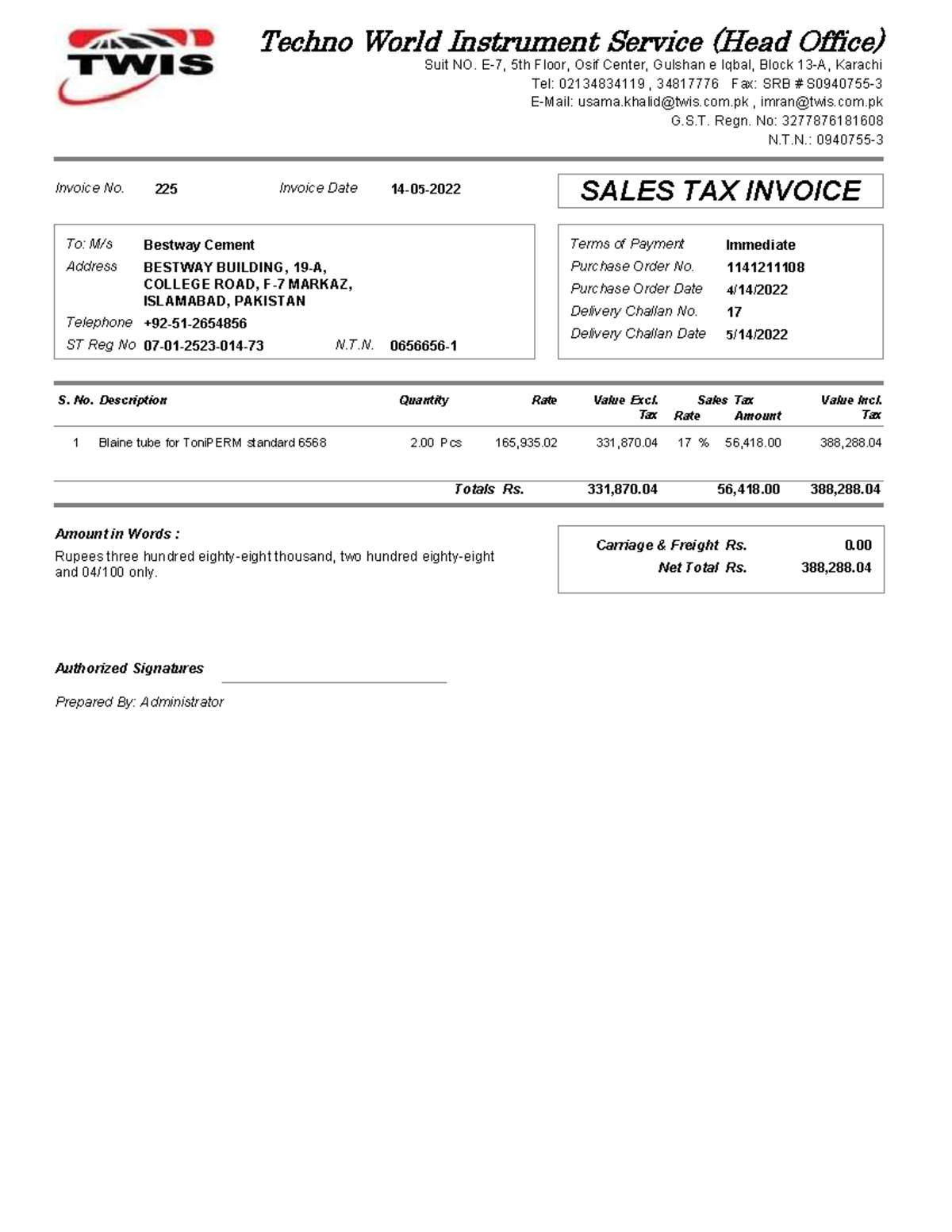 Bestway 225 Please approved Techno World Instrument Service (Head